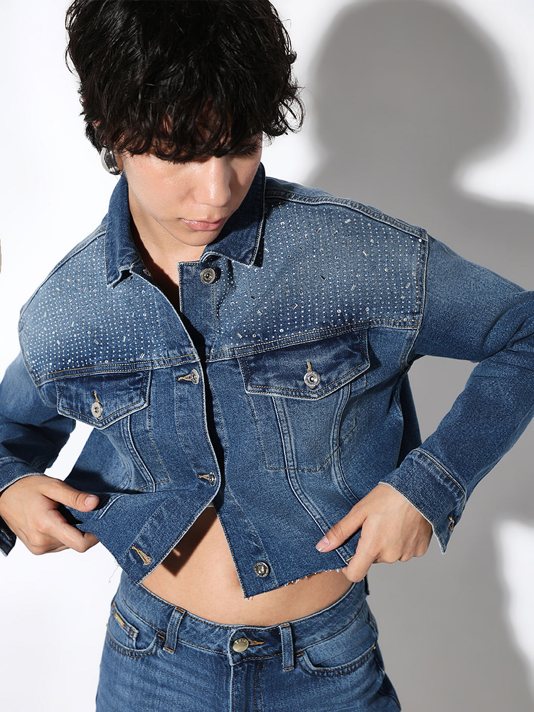 Blue Rhinestone Detail Denim Jacket