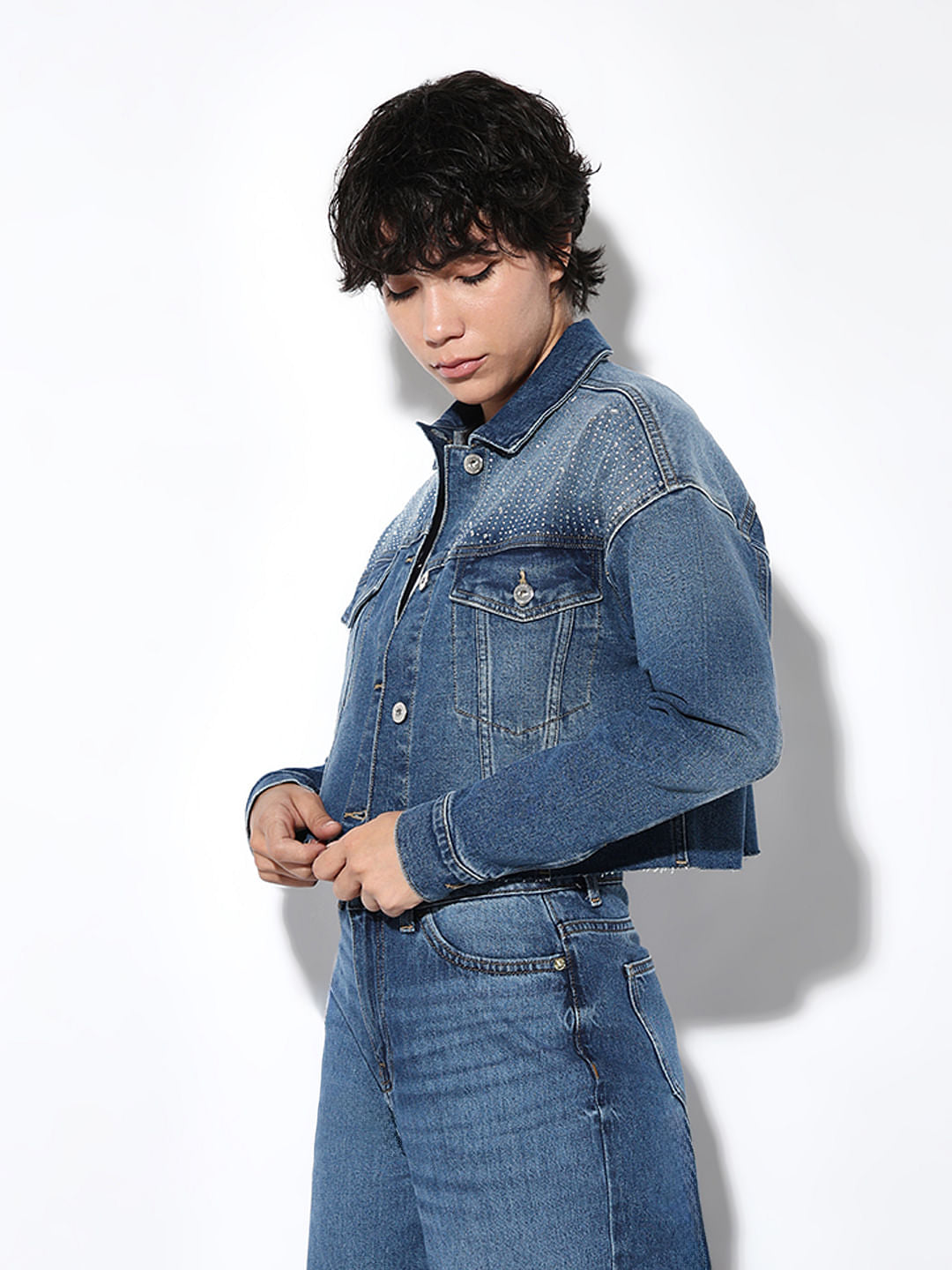 Blue Rhinestone Detail Denim Jacket