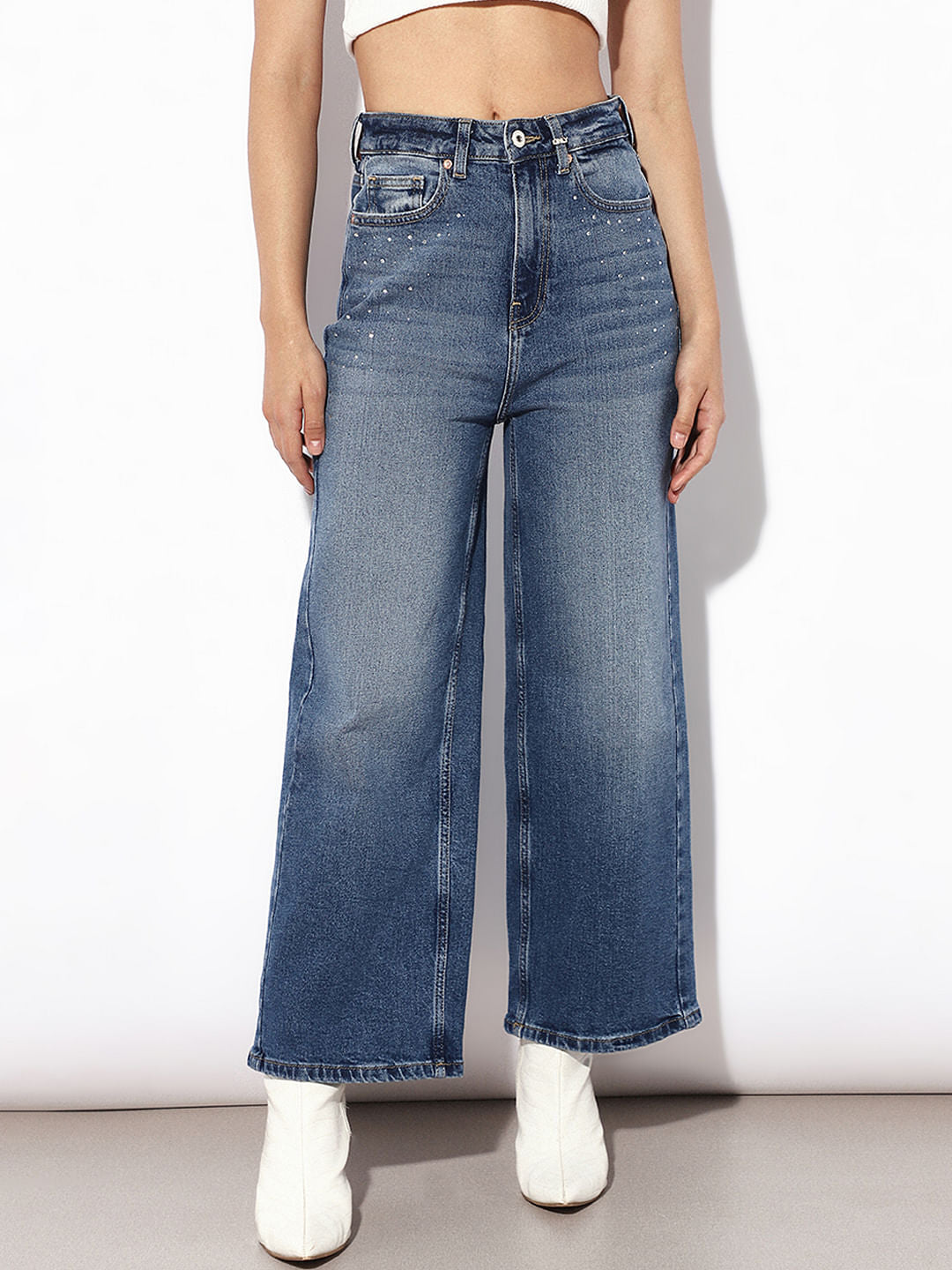 Blue Rhinestone Embellished Wide Leg Jeans