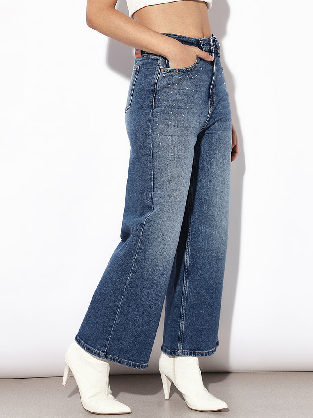 Blue Rhinestone Embellished Wide Leg Jeans