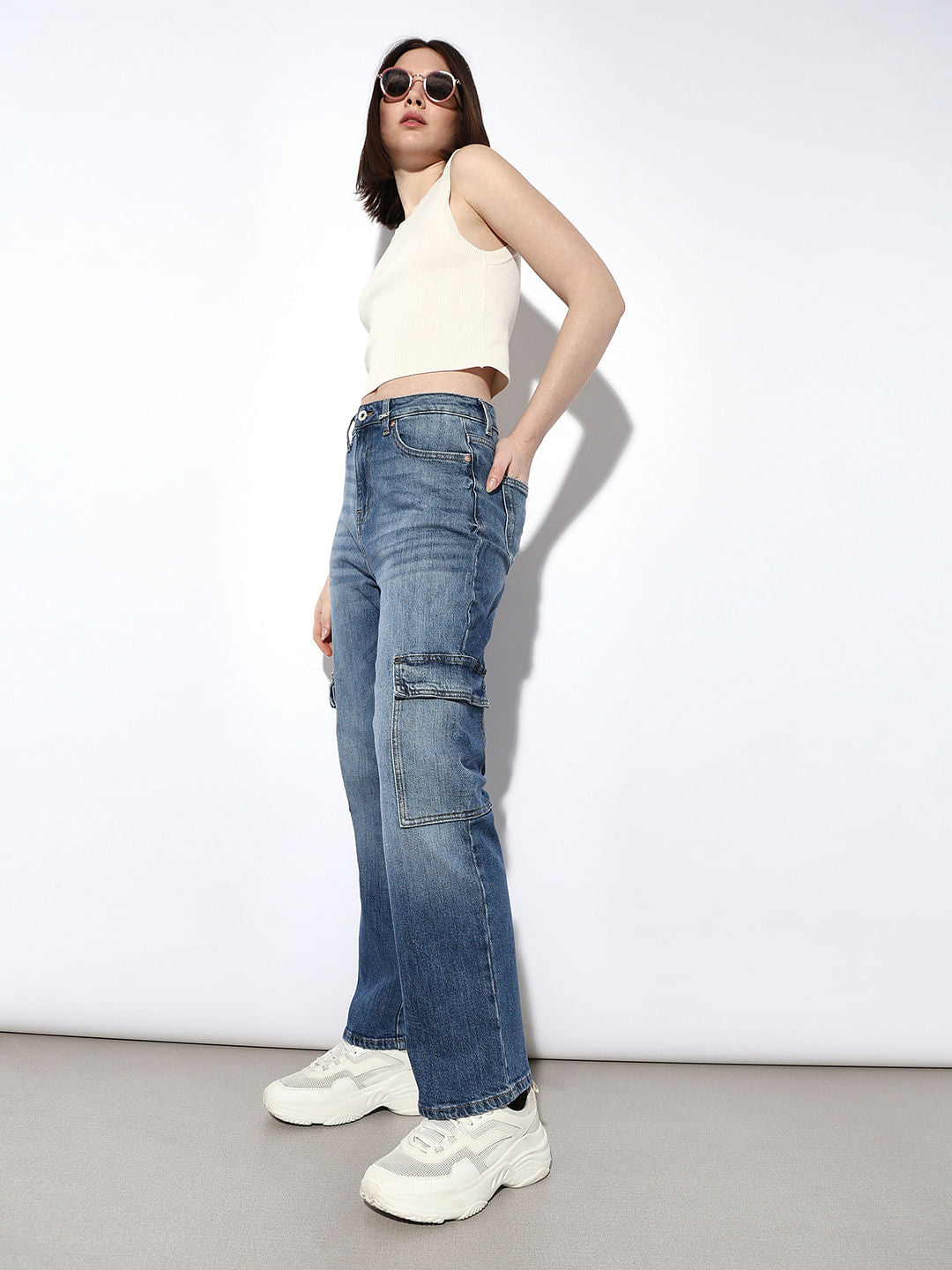 Blue High Rise Cargo Jeans