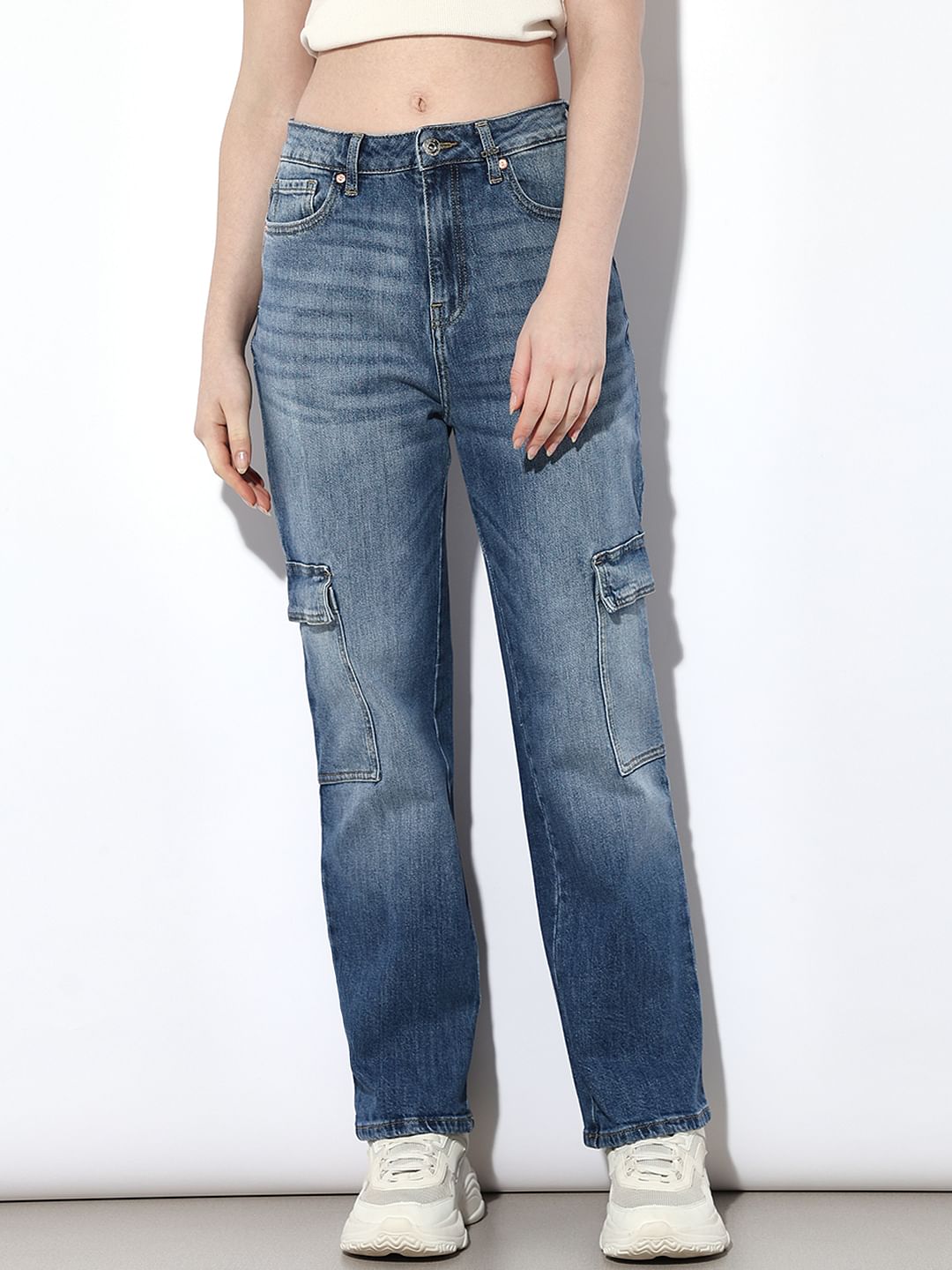 Blue High Rise Cargo Jeans