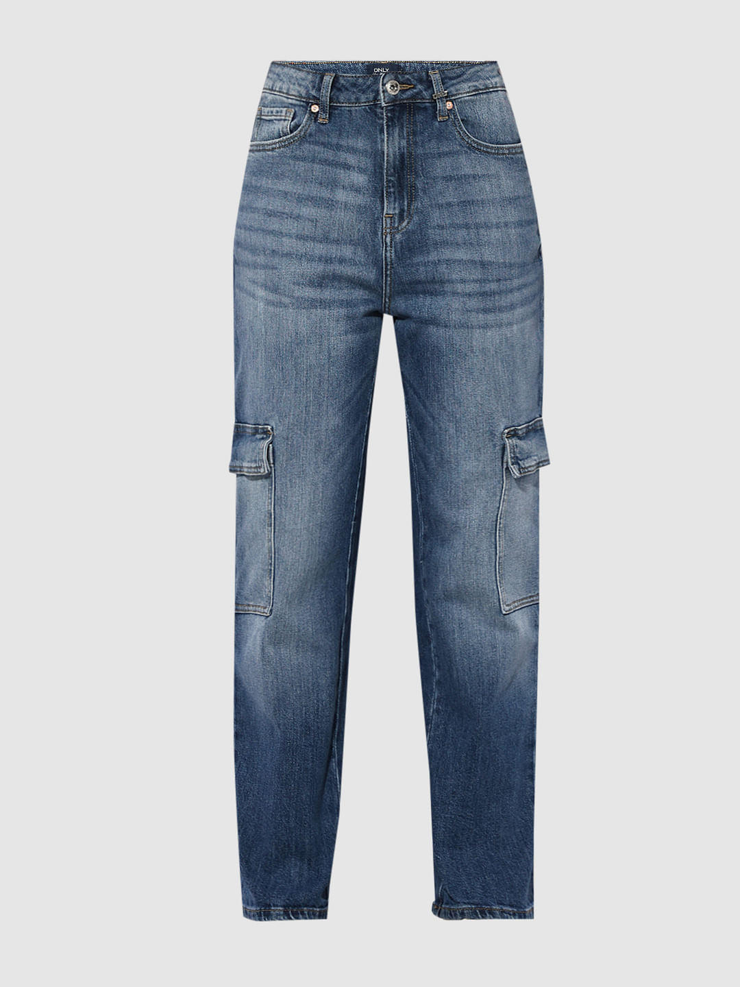 Blue High Rise Cargo Jeans