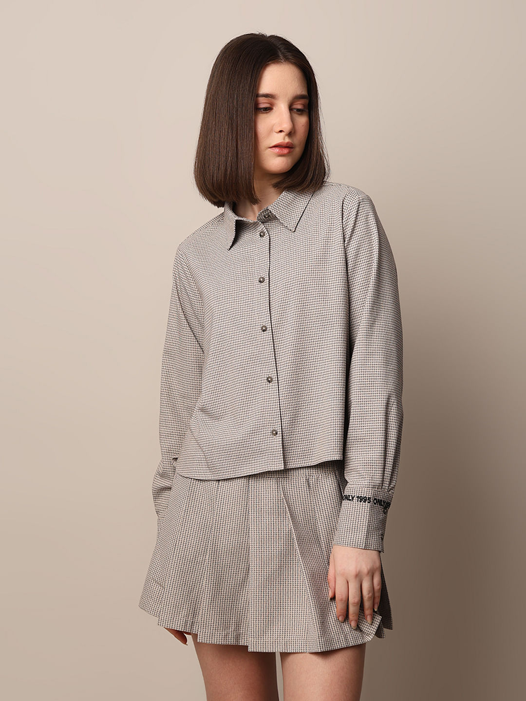 Beige Textured Weave Co-Ord Set Shirt