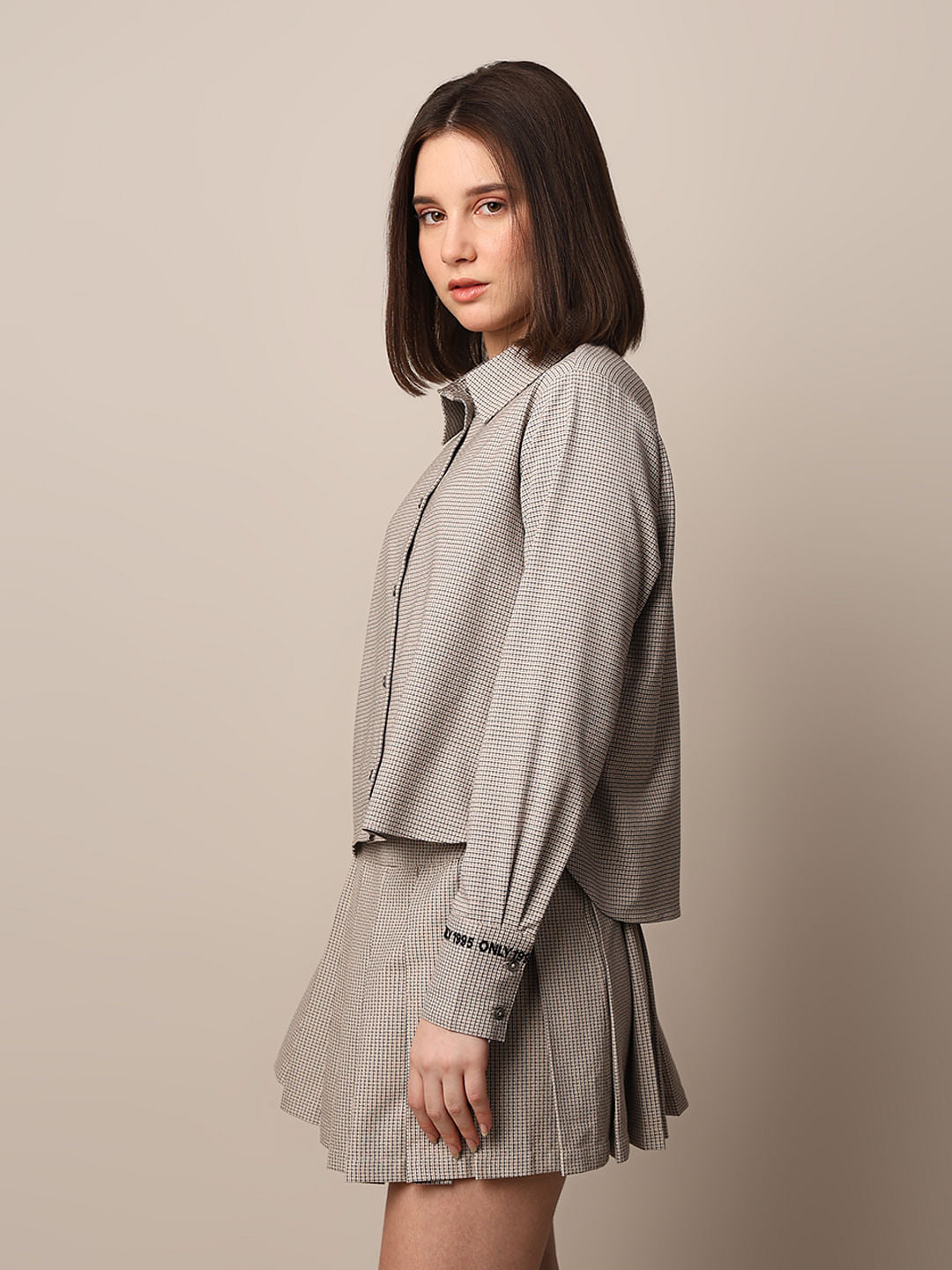 Beige Textured Weave Co-Ord Set Shirt