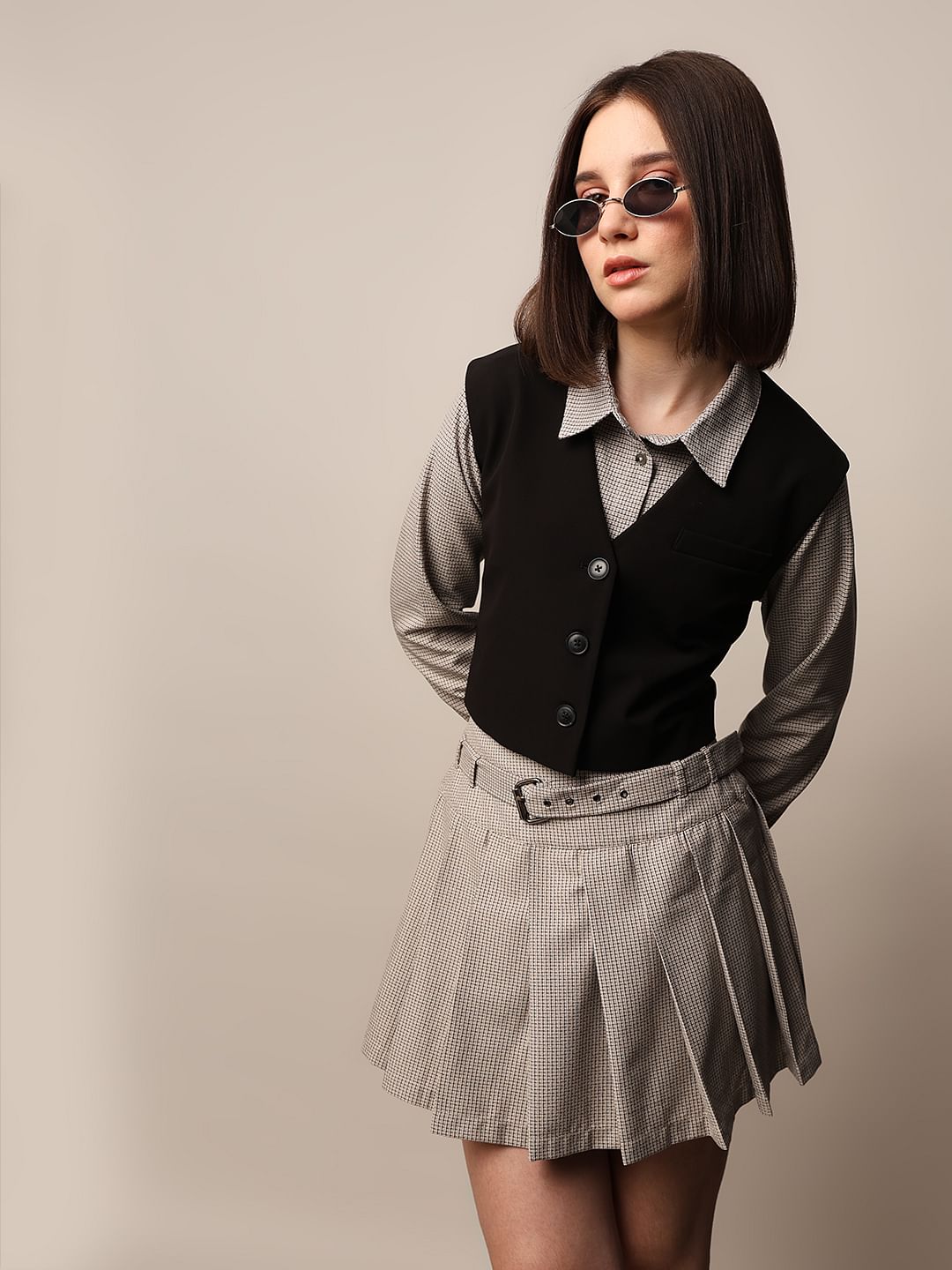 Beige Pleated Co-ord Set Skirt - Main Image