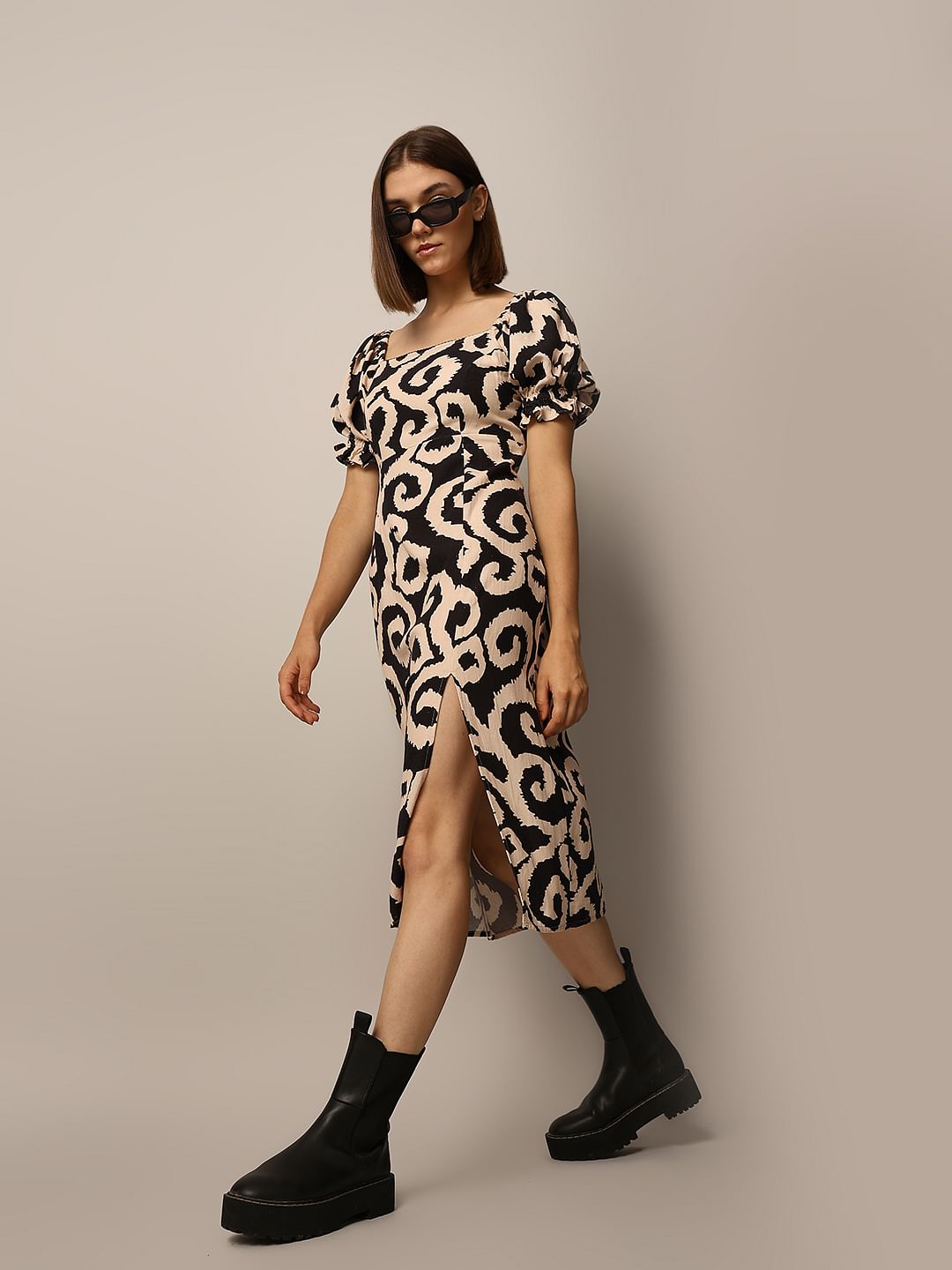 Beige Printed Puff-Sleeves Midi Dress