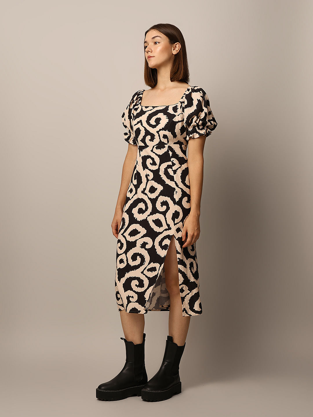 Beige Printed Puff-Sleeves Midi Dress