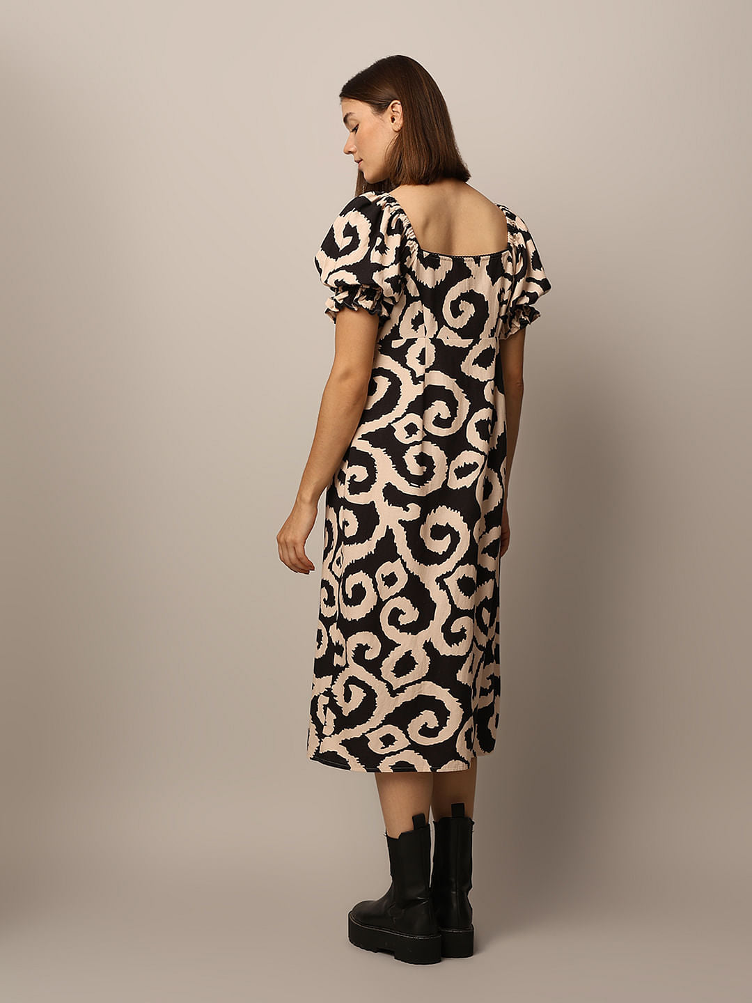 Beige Printed Puff-Sleeves Midi Dress