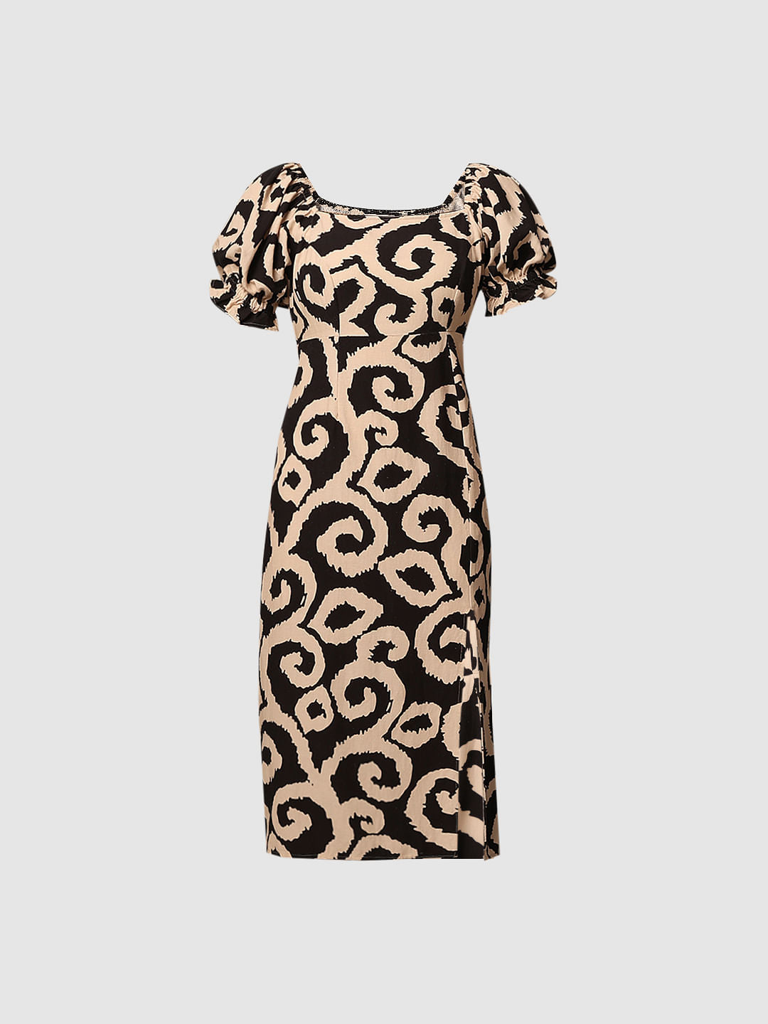 Beige Printed Puff-Sleeves Midi Dress