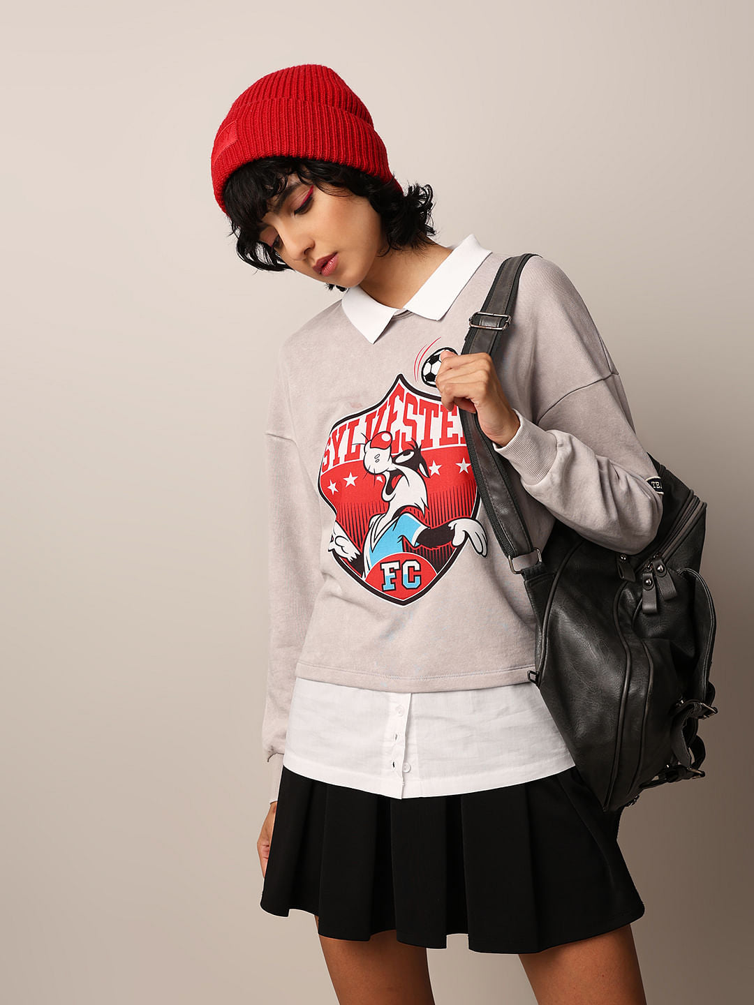 Grey Printed Shirt-Insert Sweatshirt