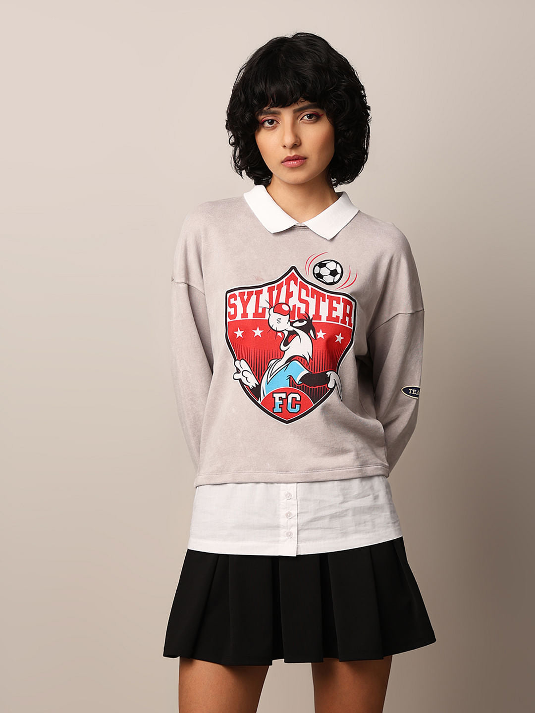 Grey Printed Shirt-Insert Sweatshirt