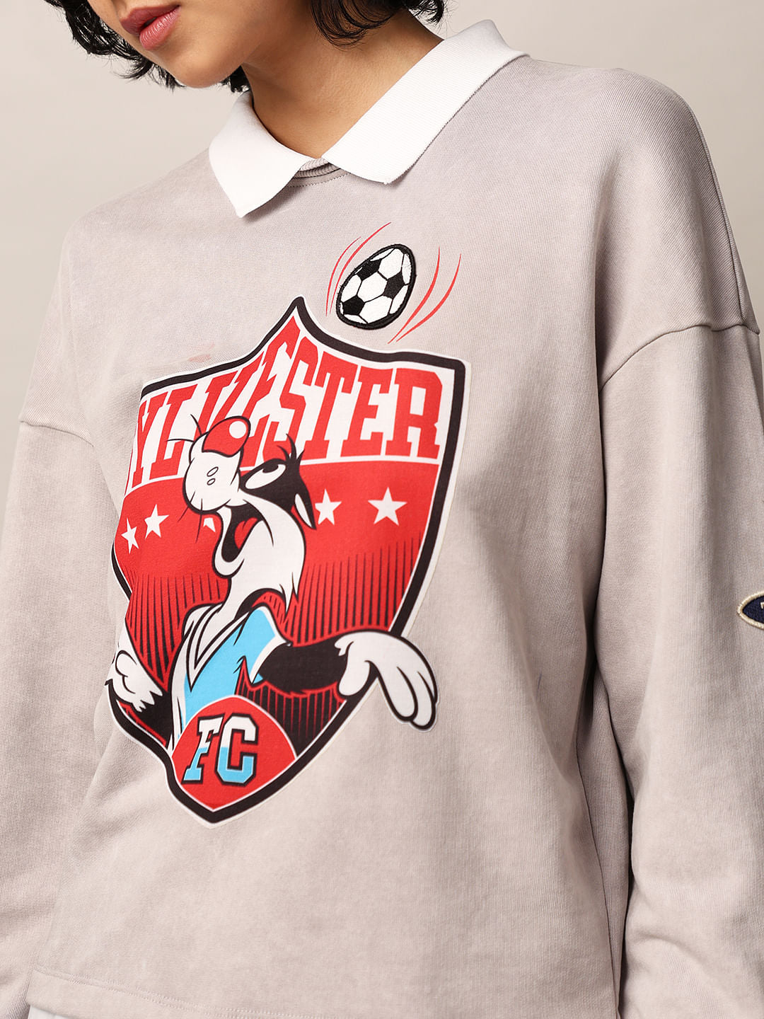 Grey Printed Shirt-Insert Sweatshirt