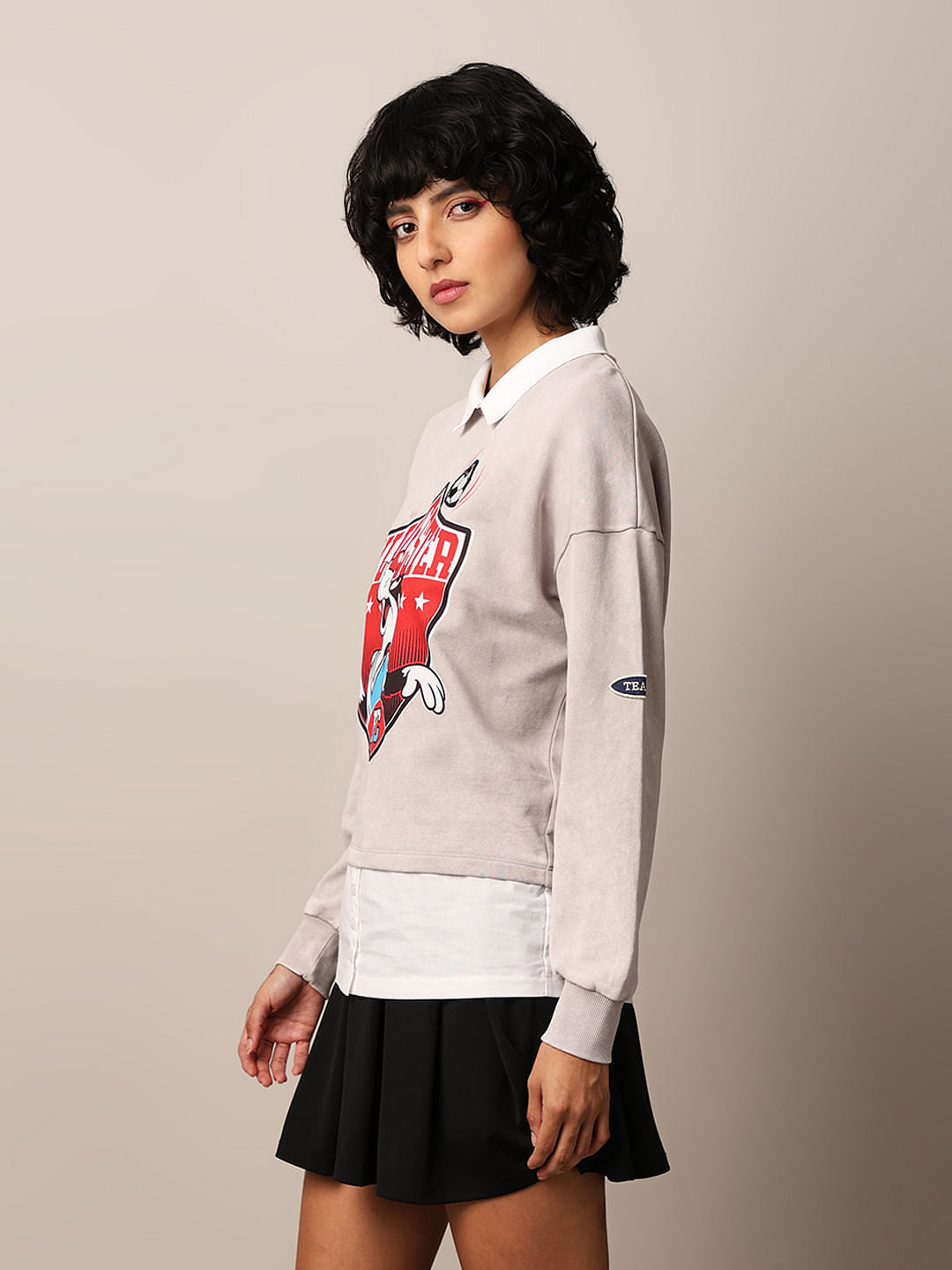 Grey Printed Shirt-Insert Sweatshirt