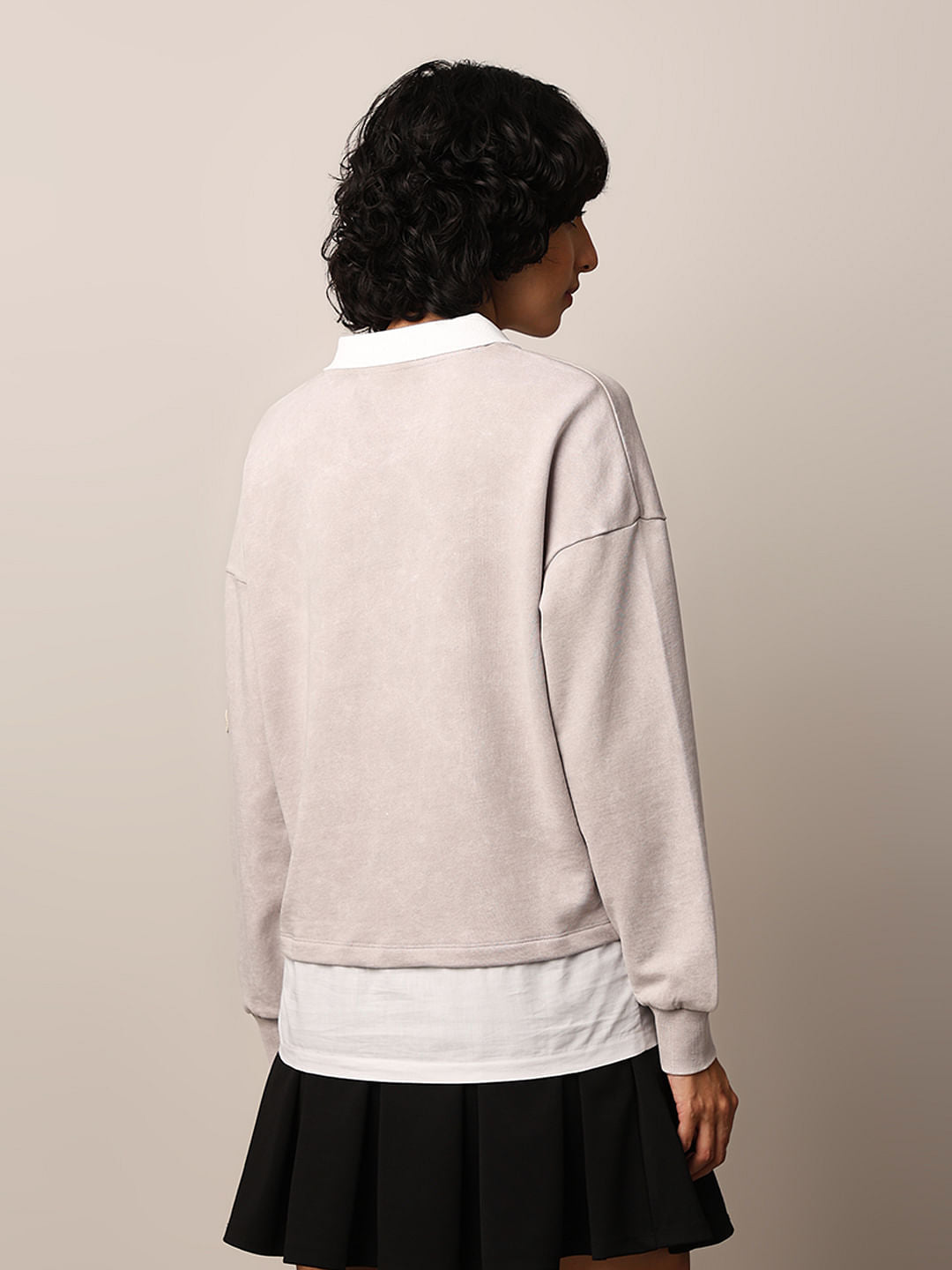 Grey Printed Shirt-Insert Sweatshirt