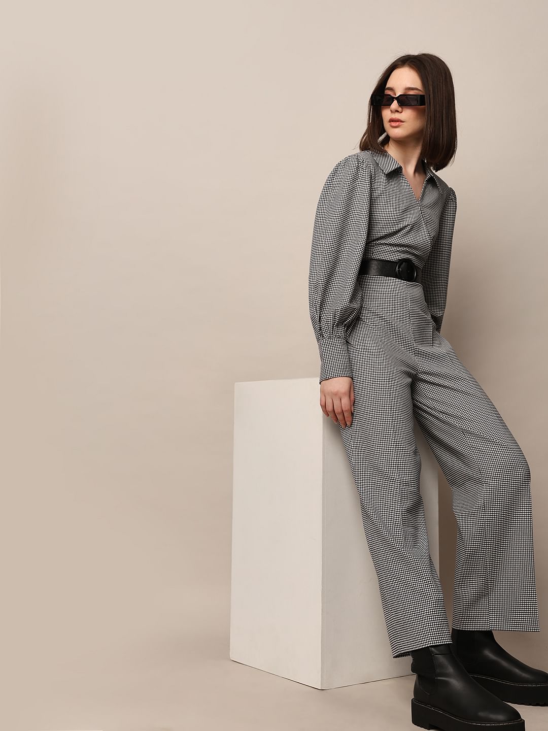 Grey Check Belted Jumpsuit