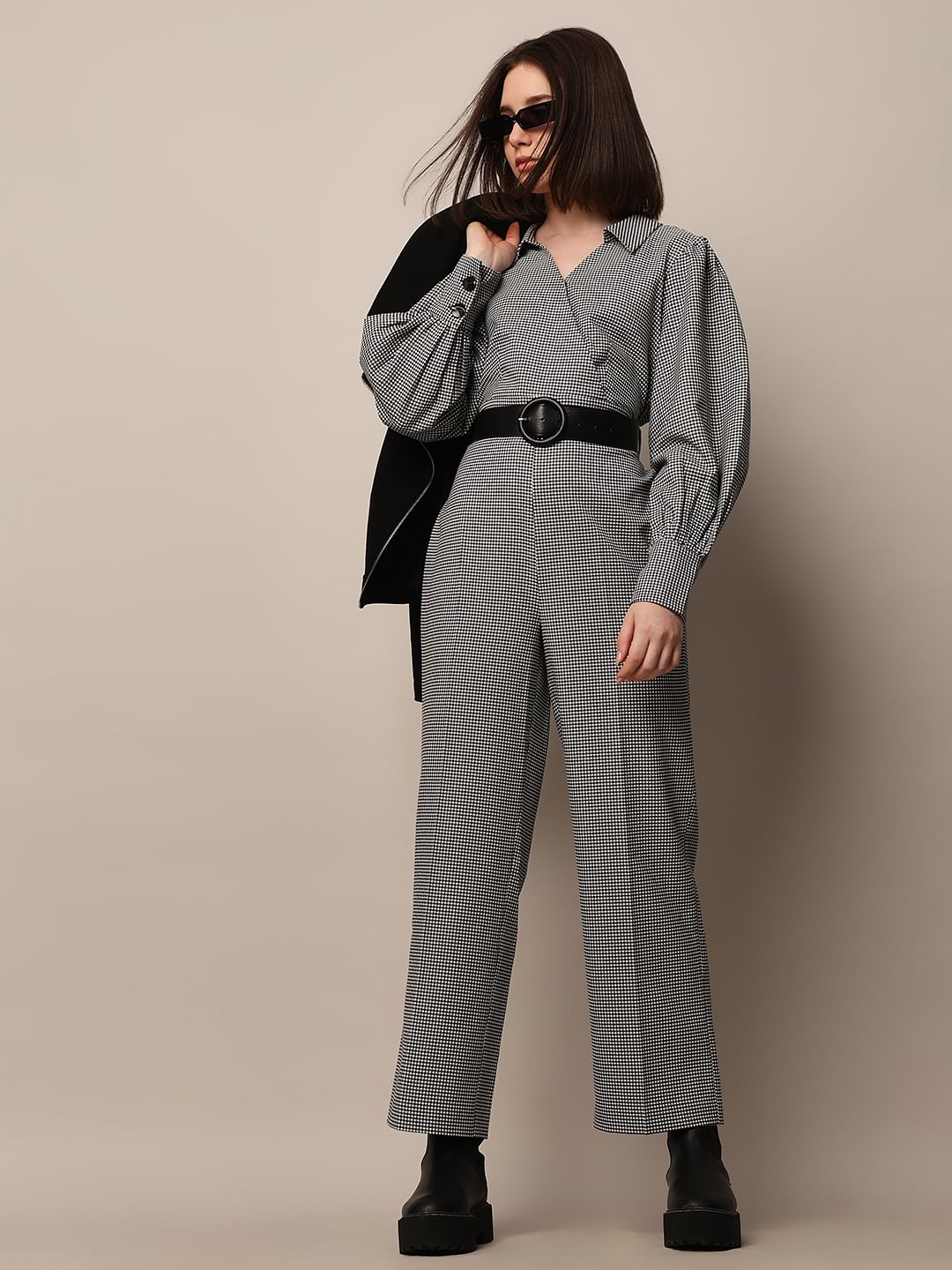 Grey Check Belted Jumpsuit