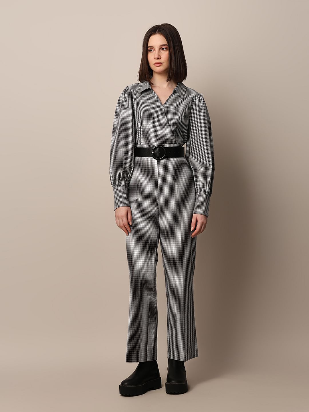 Grey Check Belted Jumpsuit