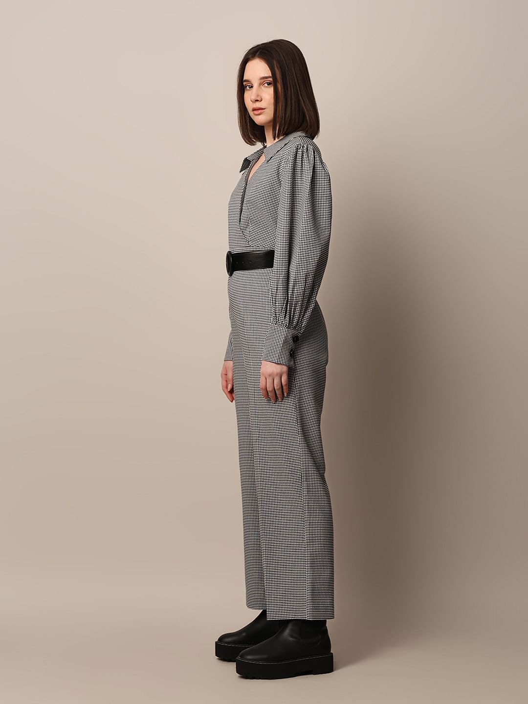 Grey Check Belted Jumpsuit