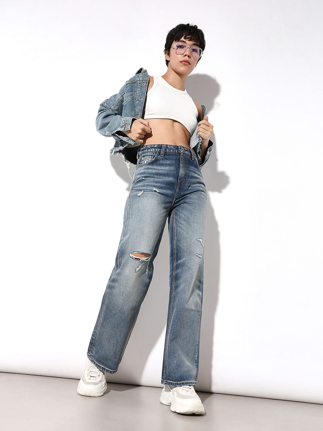 Blue High Rise Distressed Straight Fit Jeans