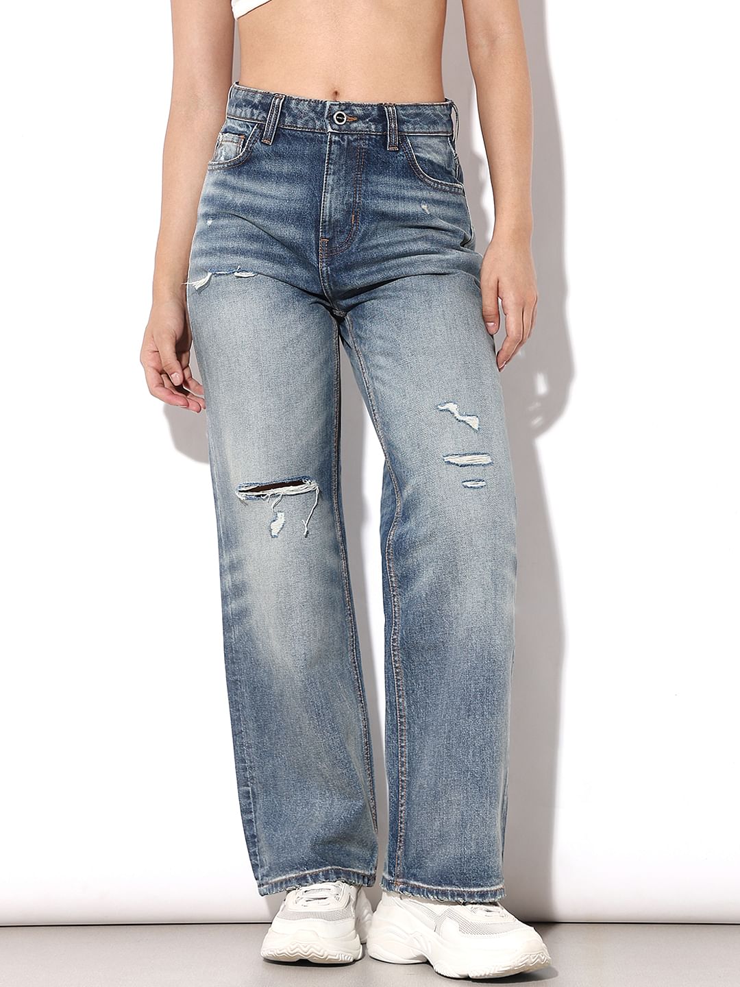 Blue High Rise Distressed Straight Fit Jeans