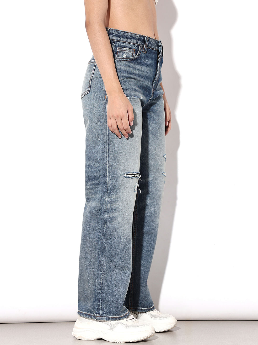 Blue High Rise Distressed Straight Fit Jeans