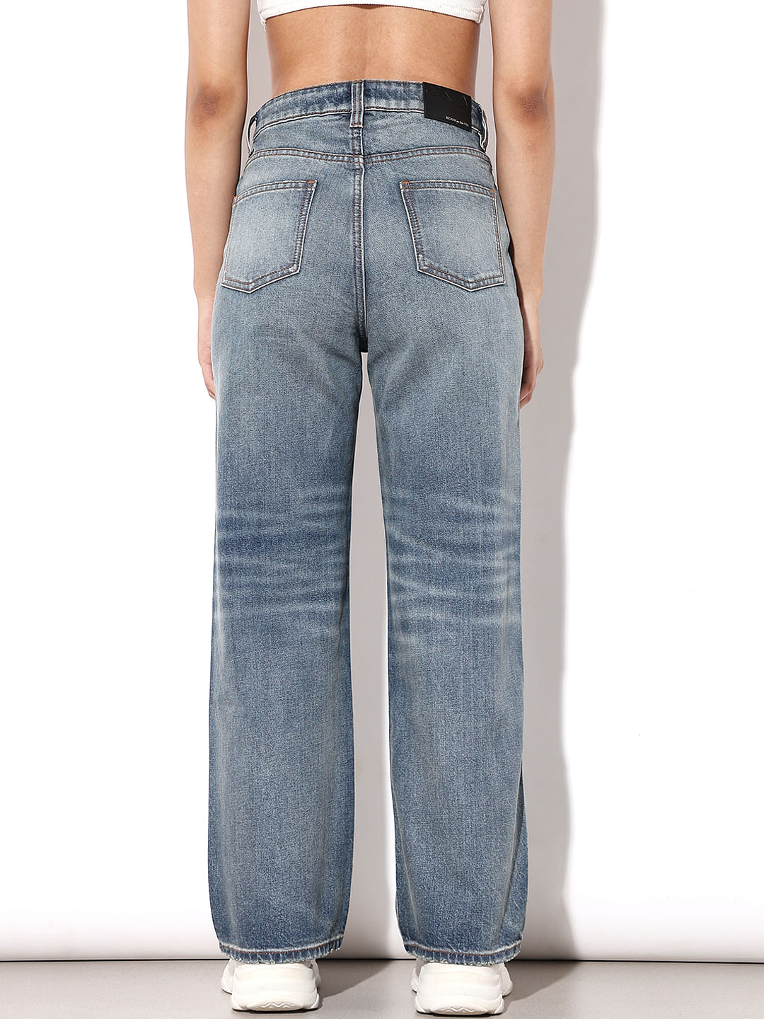 Blue High Rise Distressed Straight Fit Jeans
