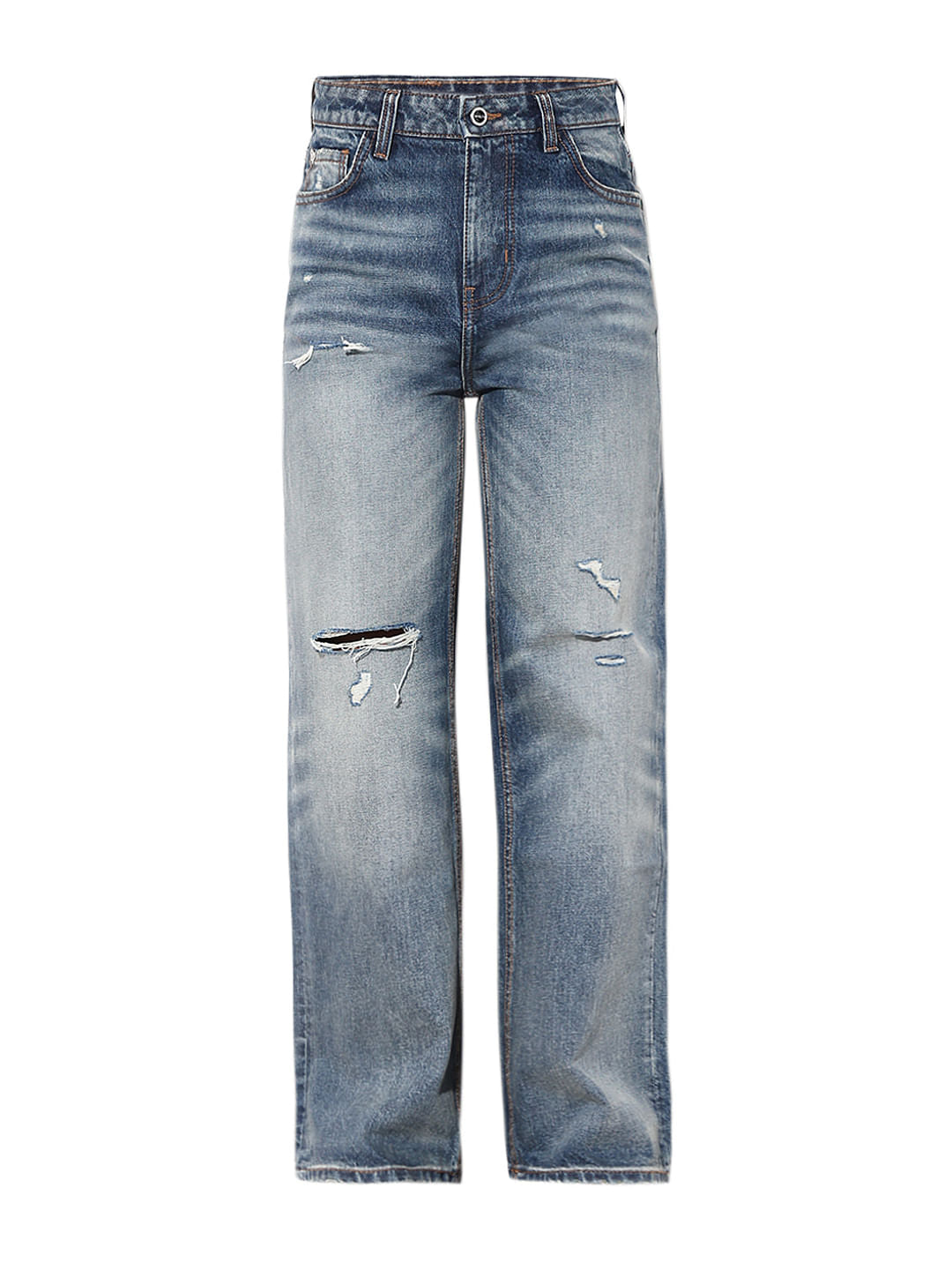 Blue High Rise Distressed Straight Fit Jeans