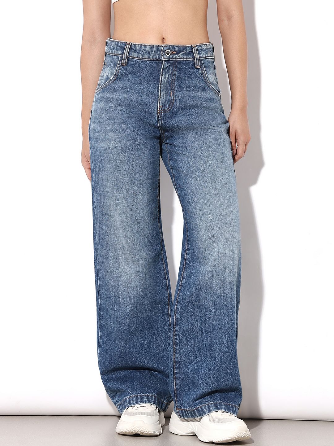 Blue High Rise Wide Leg Jeans