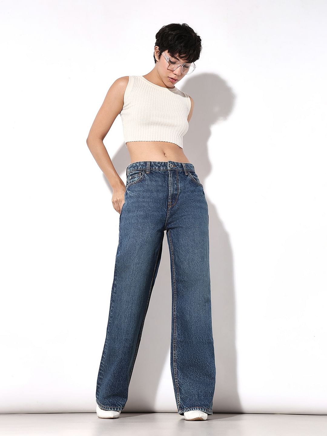 Blue High Rise Wide Leg Jeans