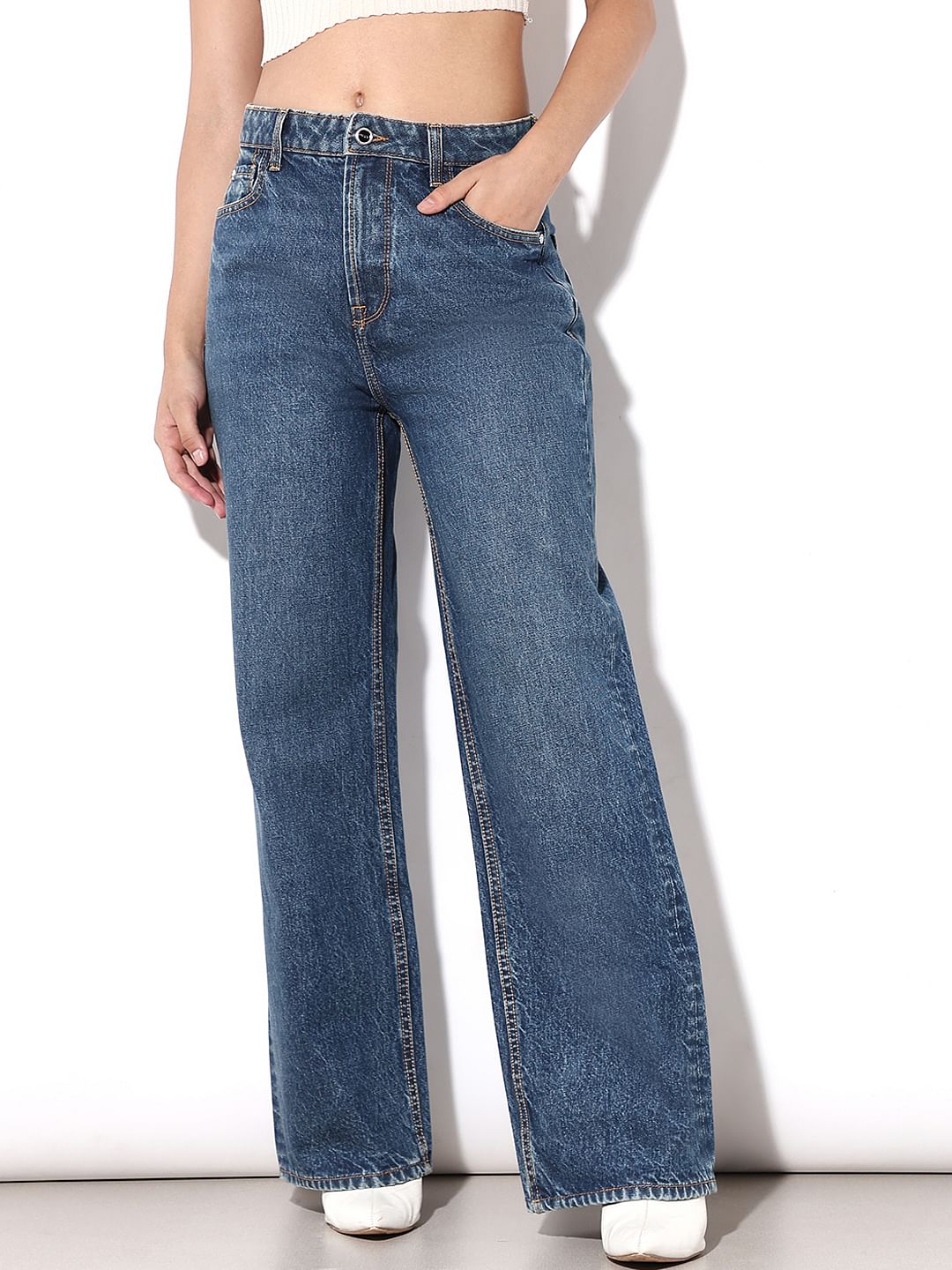 Blue High Rise Wide Leg Jeans