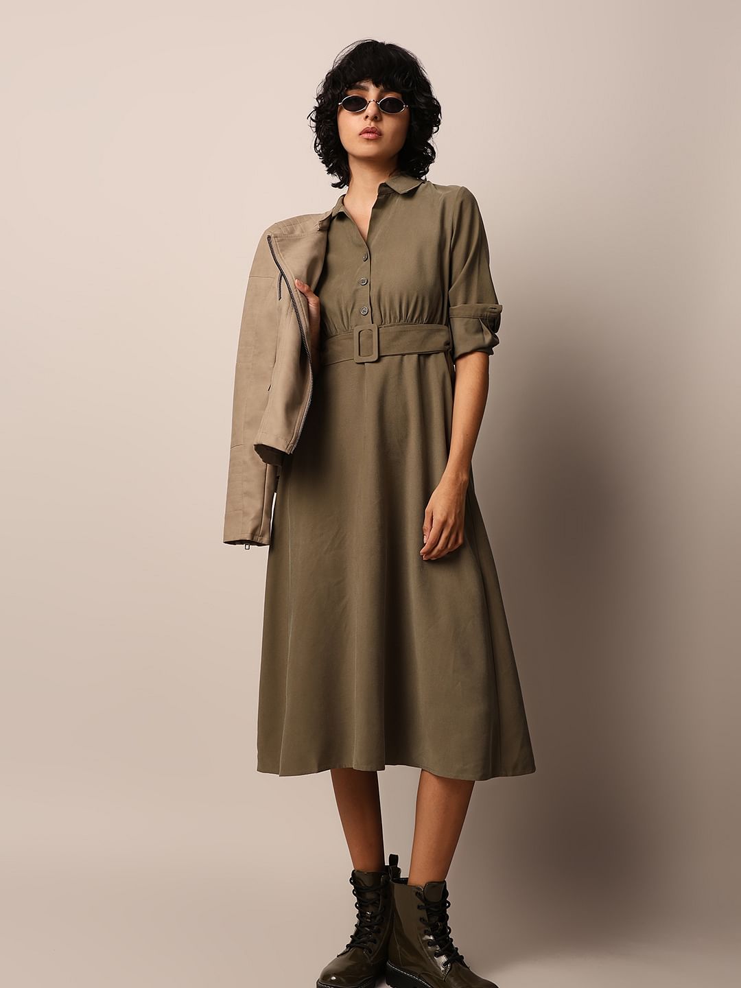 Dark Olive Belted Midi Dress