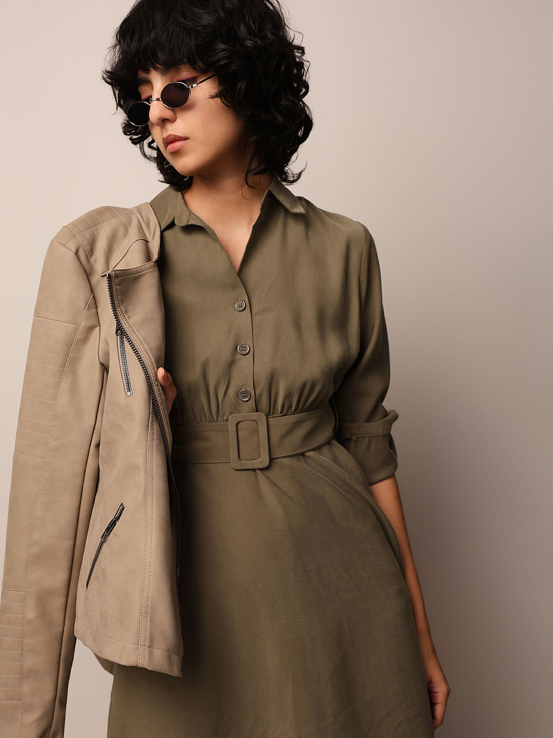 Dark Olive Belted Midi Dress