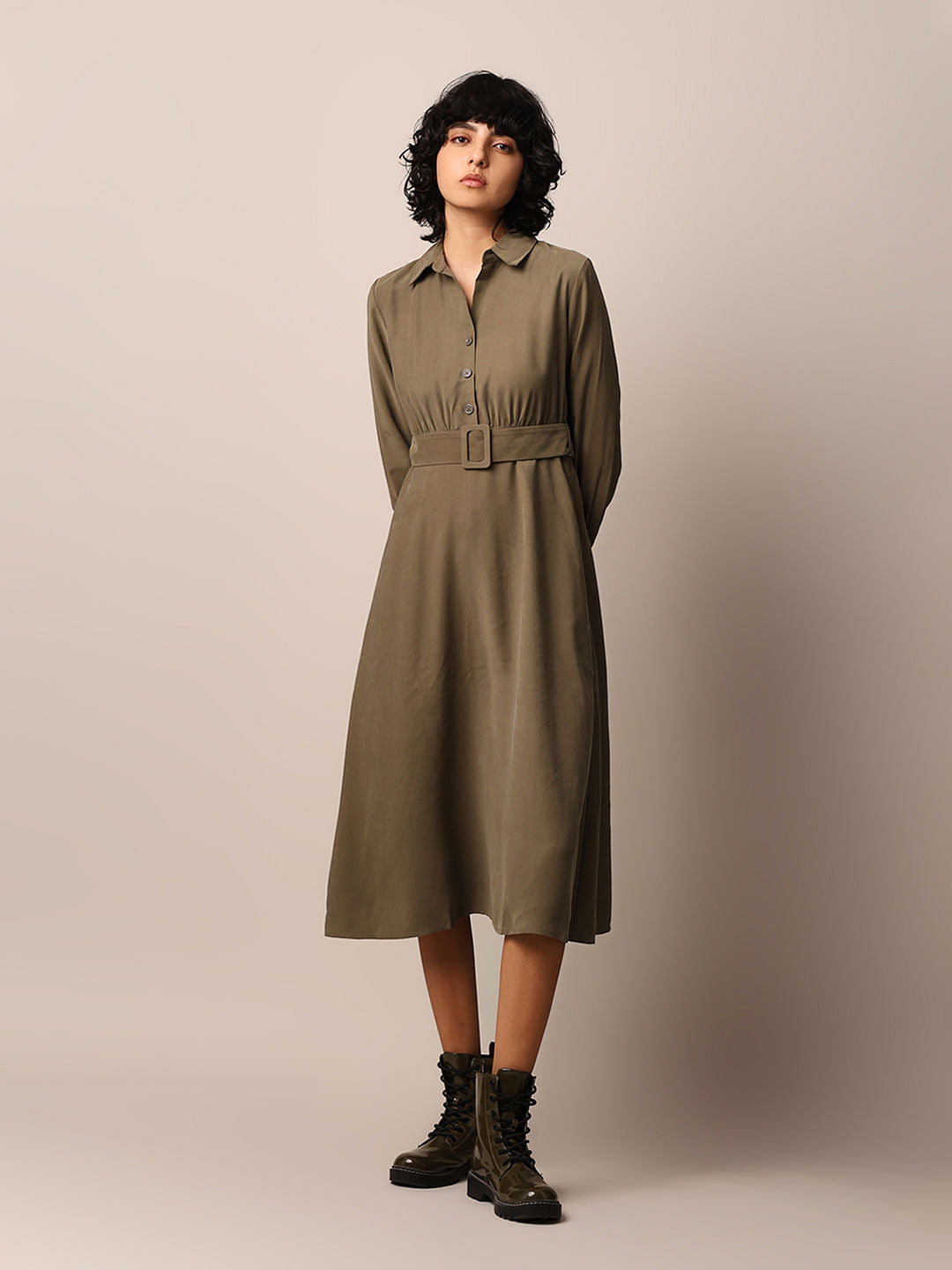 Dark Olive Belted Midi Dress