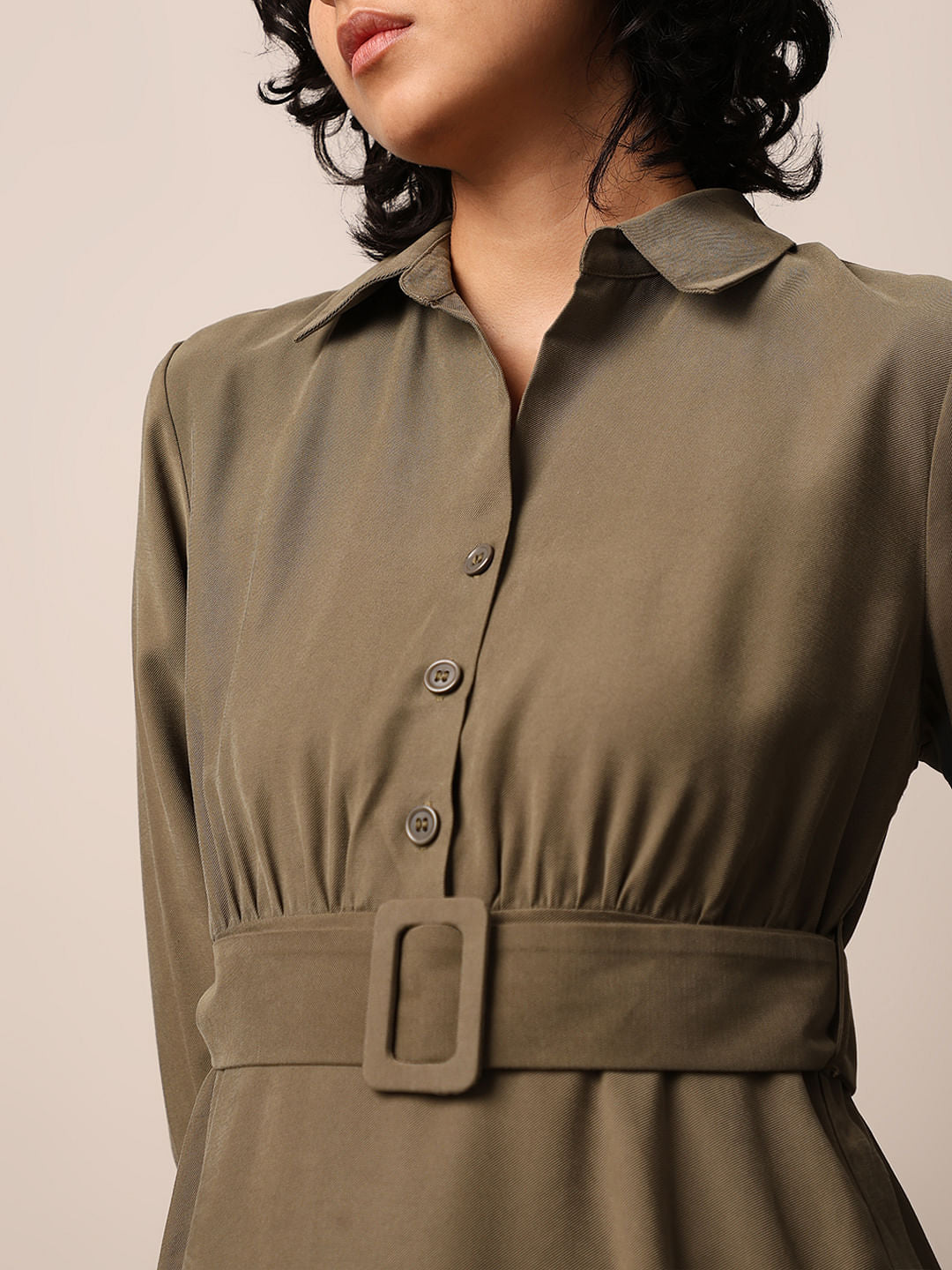 Dark Olive Belted Midi Dress