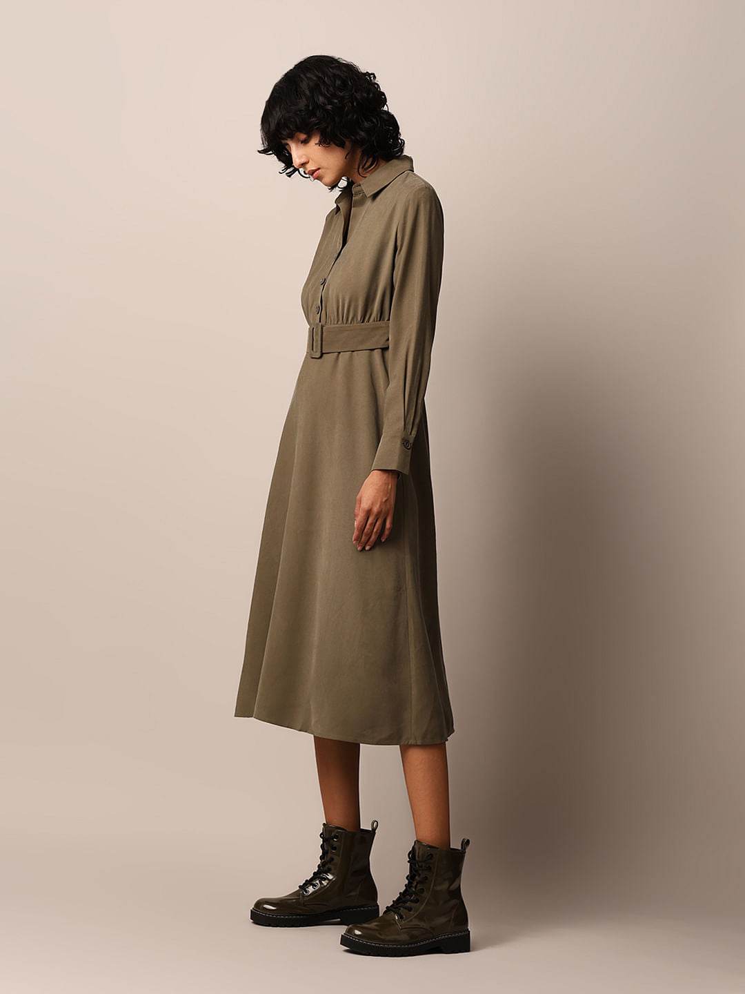 Dark Olive Belted Midi Dress