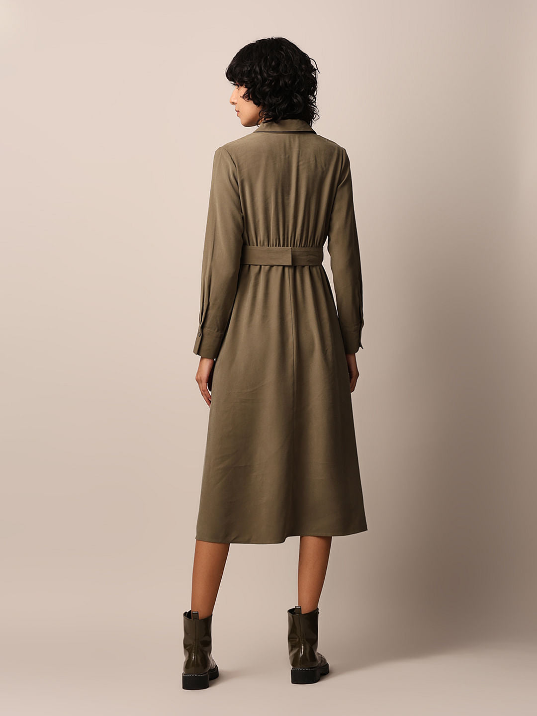 Dark Olive Belted Midi Dress