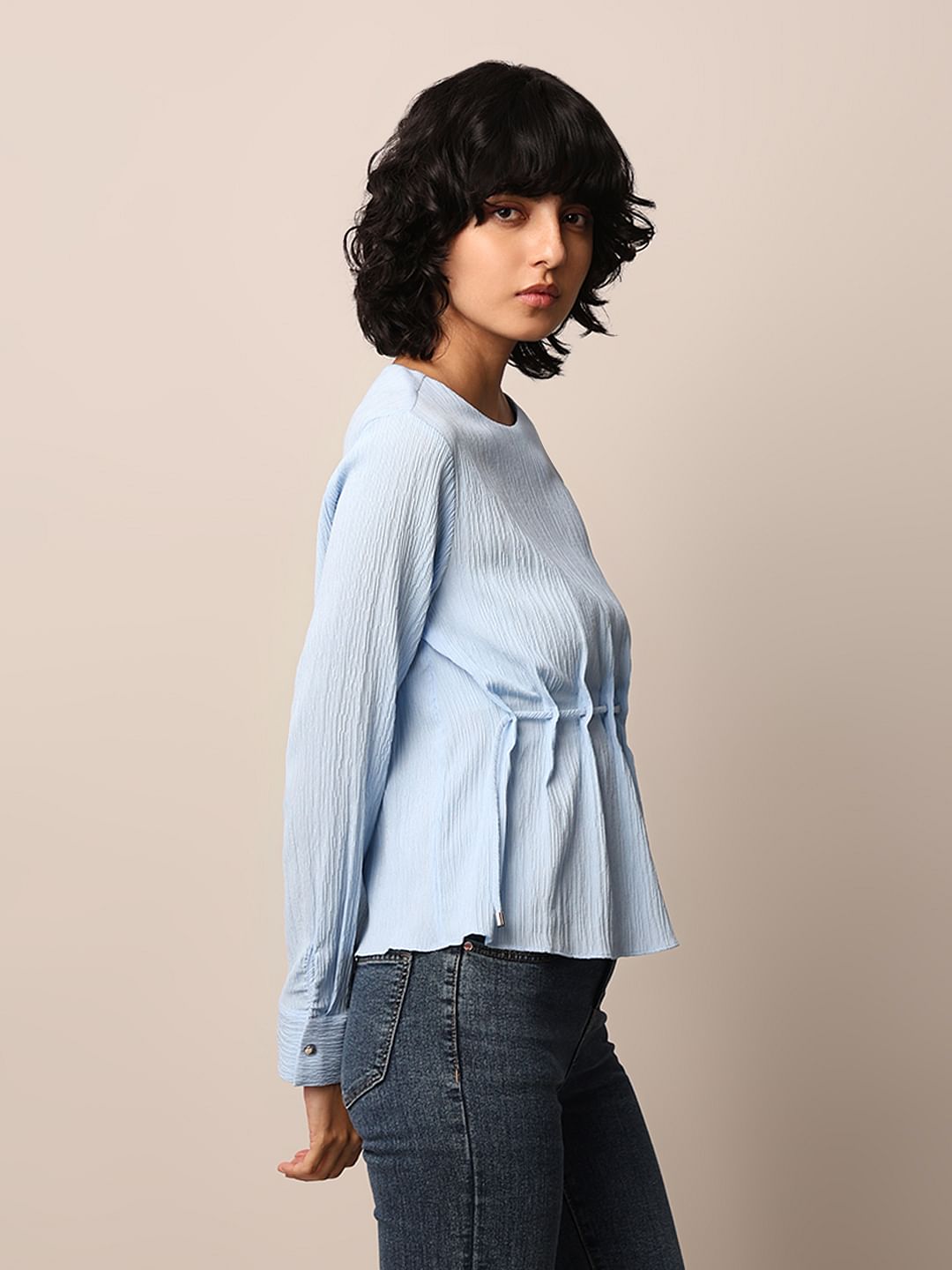 Blue Textured Peplum Top