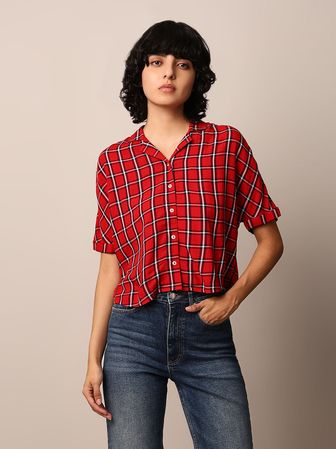 Red Check Print Regular Fit Shirt