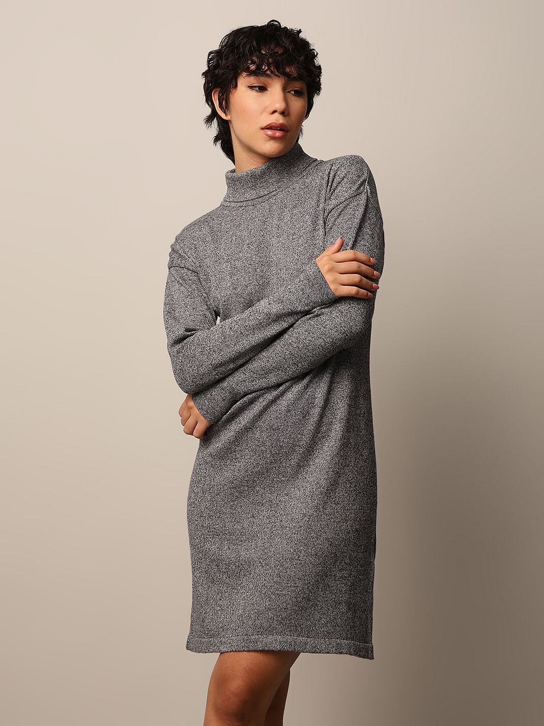 Grey Turtleneck Knit Dress - Main Image