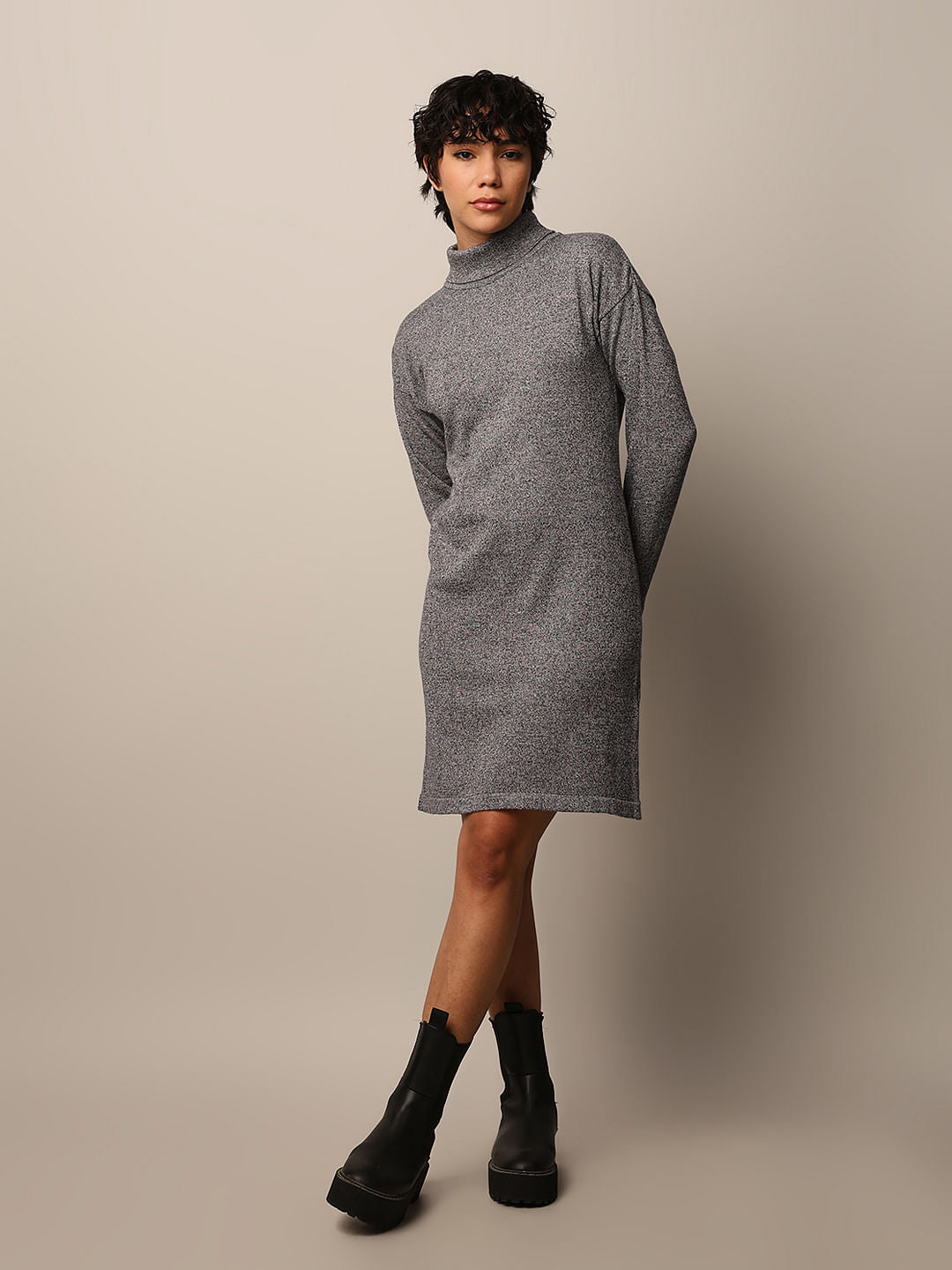 Grey Turtleneck Knit Dress