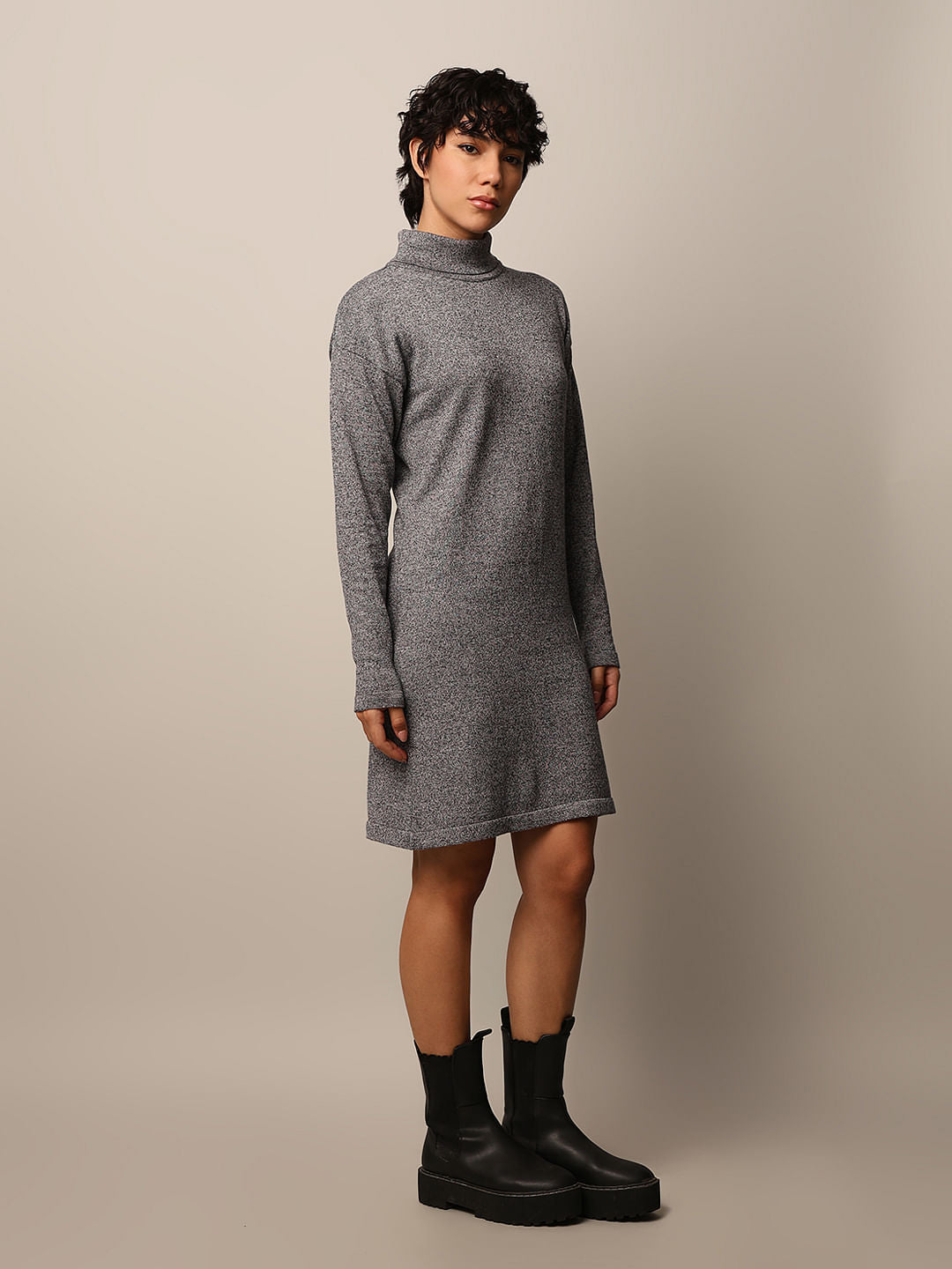 Grey Turtleneck Knit Dress