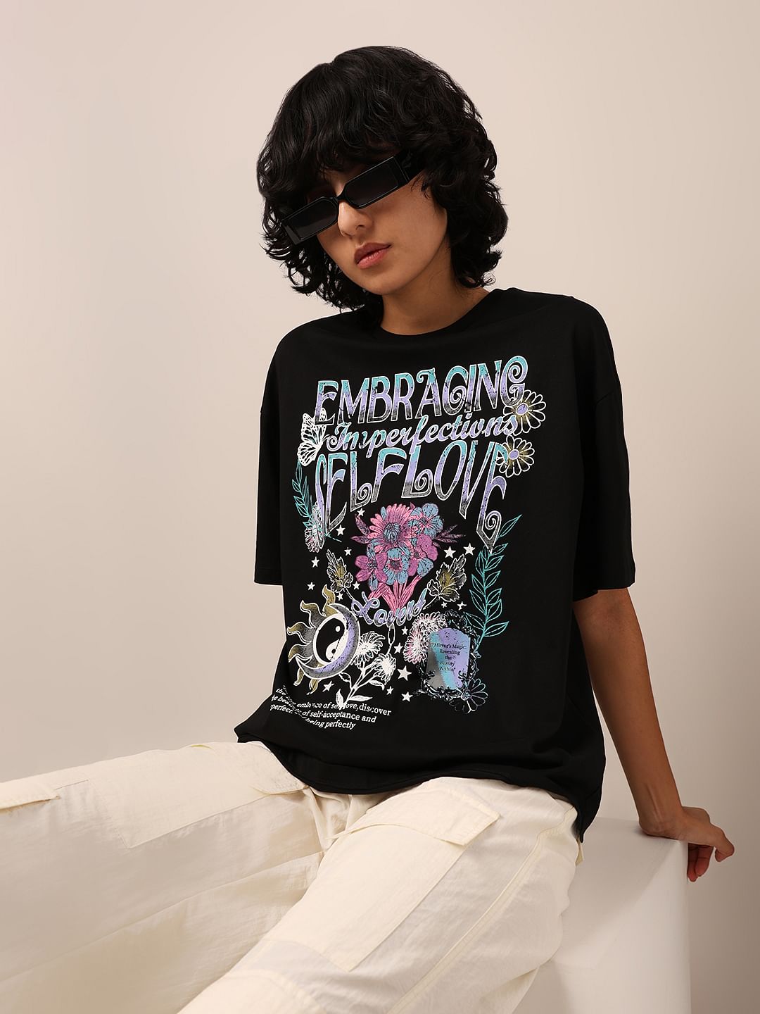 Black Graphic Print Oversized T-shirt - Main Image