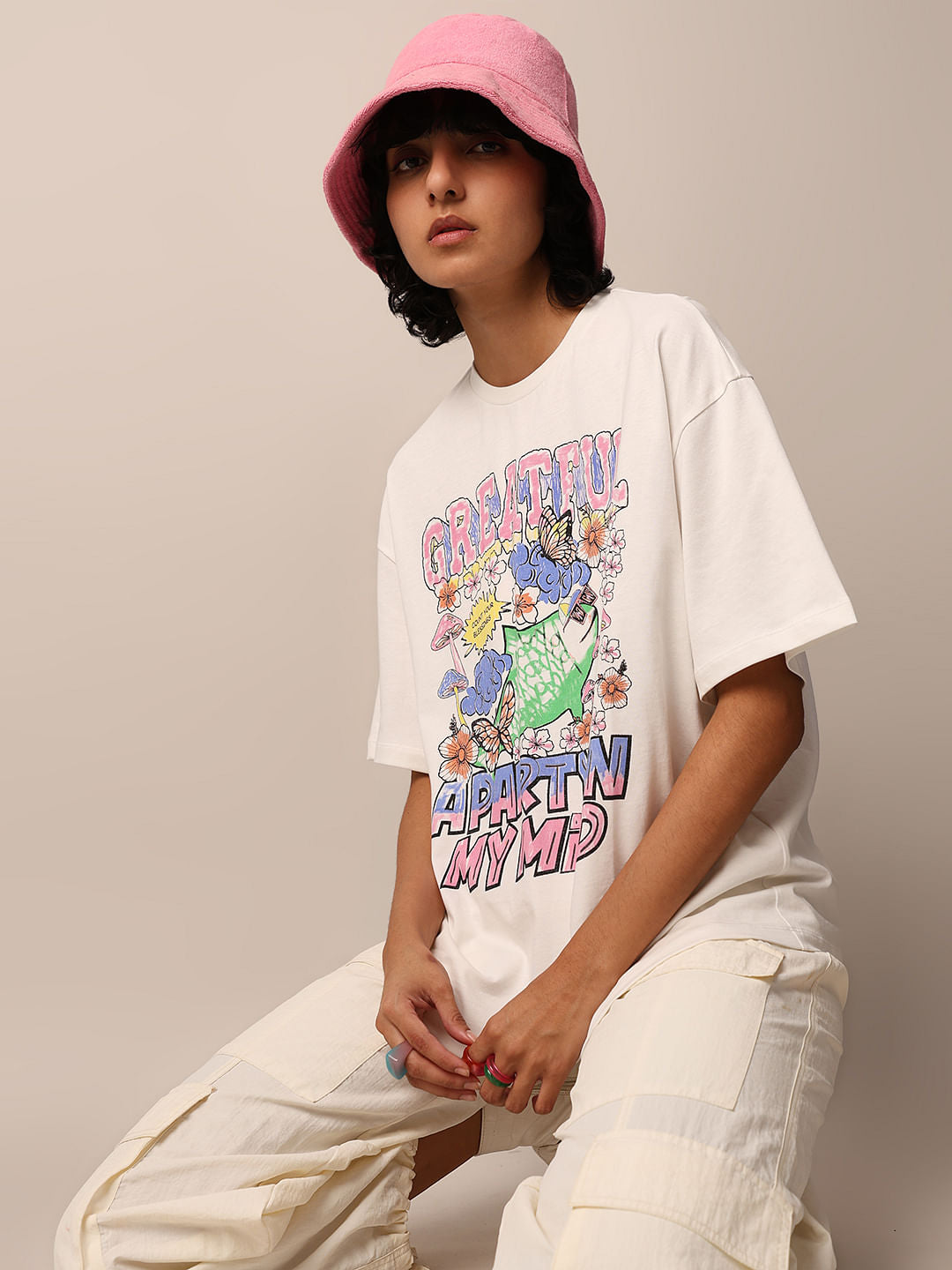 White Graphic Print Oversized T-Shirt