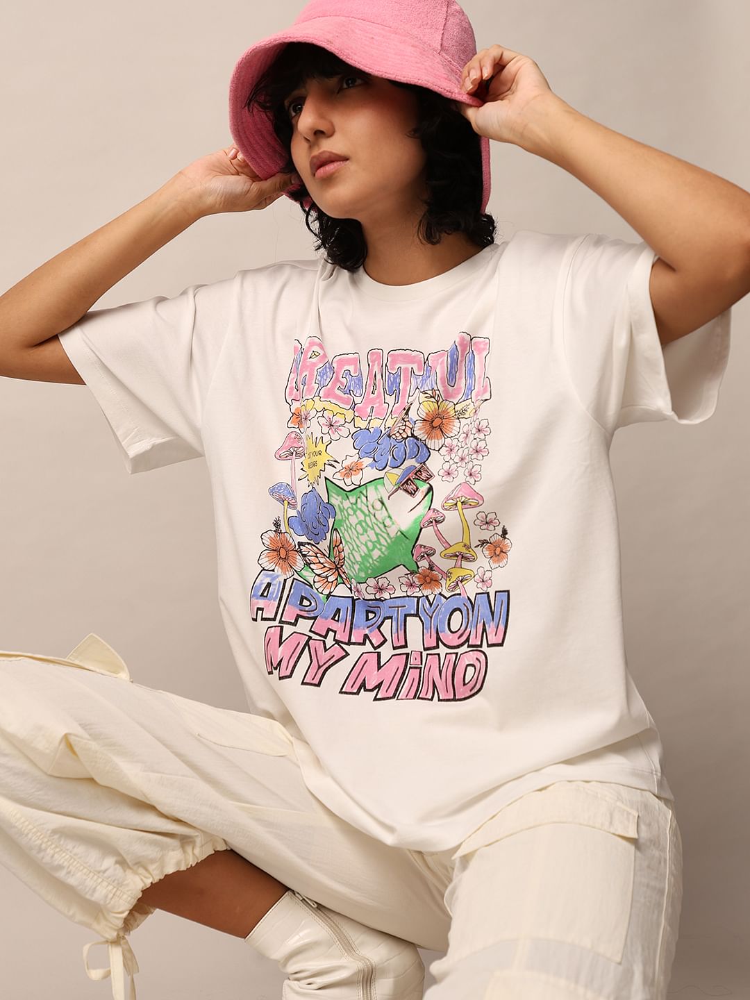 White Graphic Print Oversized T-Shirt