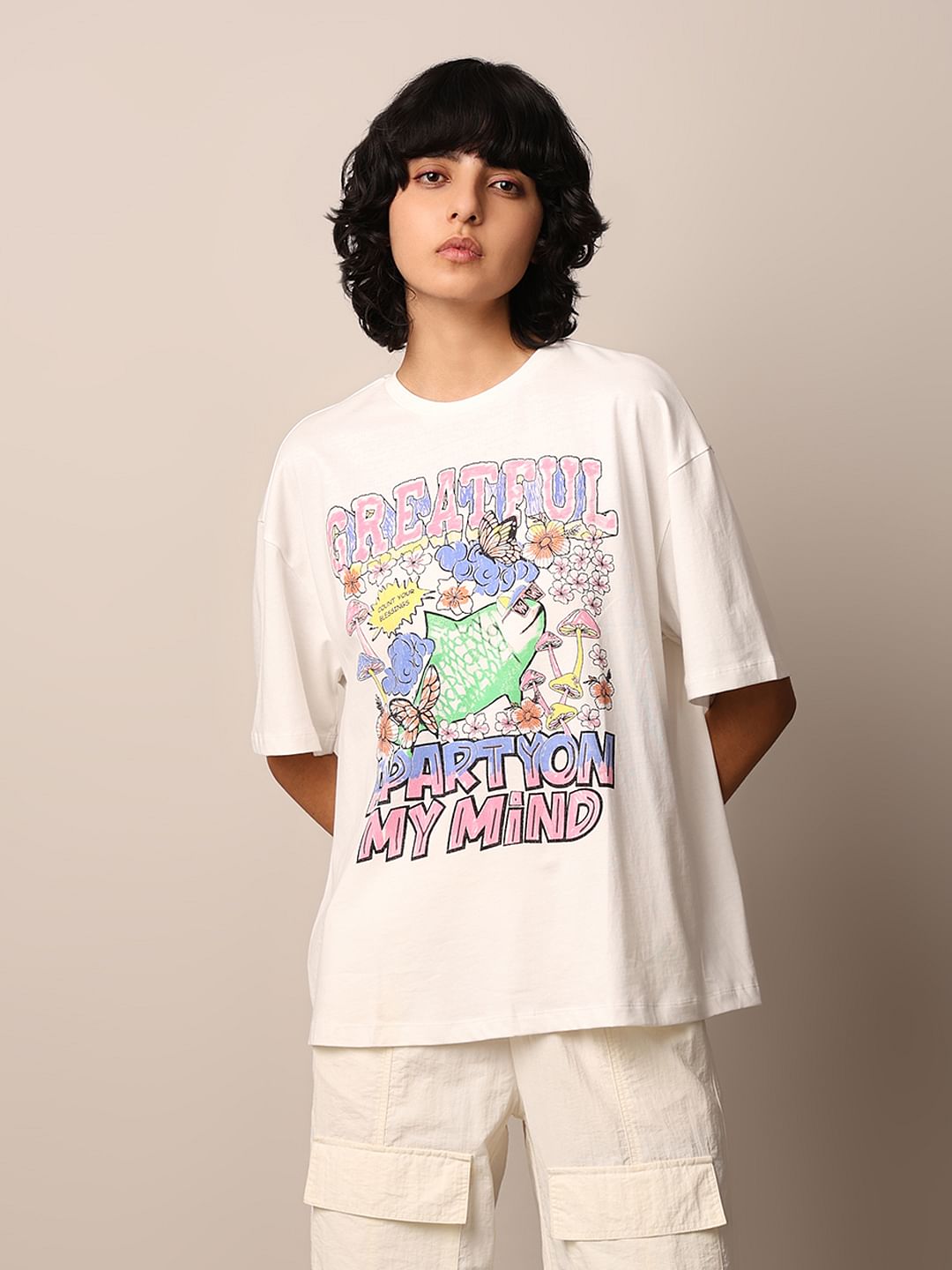 White Graphic Print Oversized T-Shirt