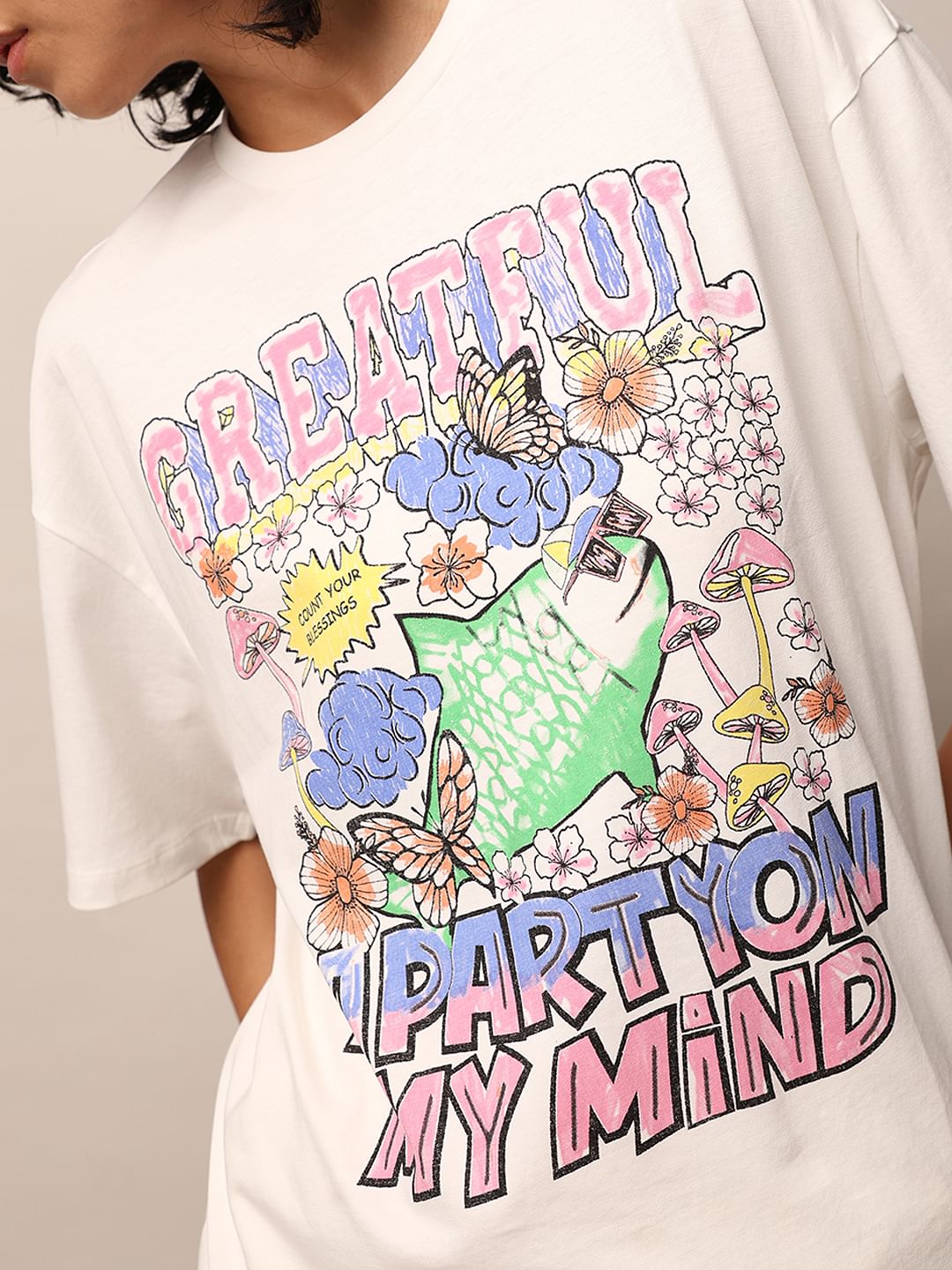 White Graphic Print Oversized T-Shirt