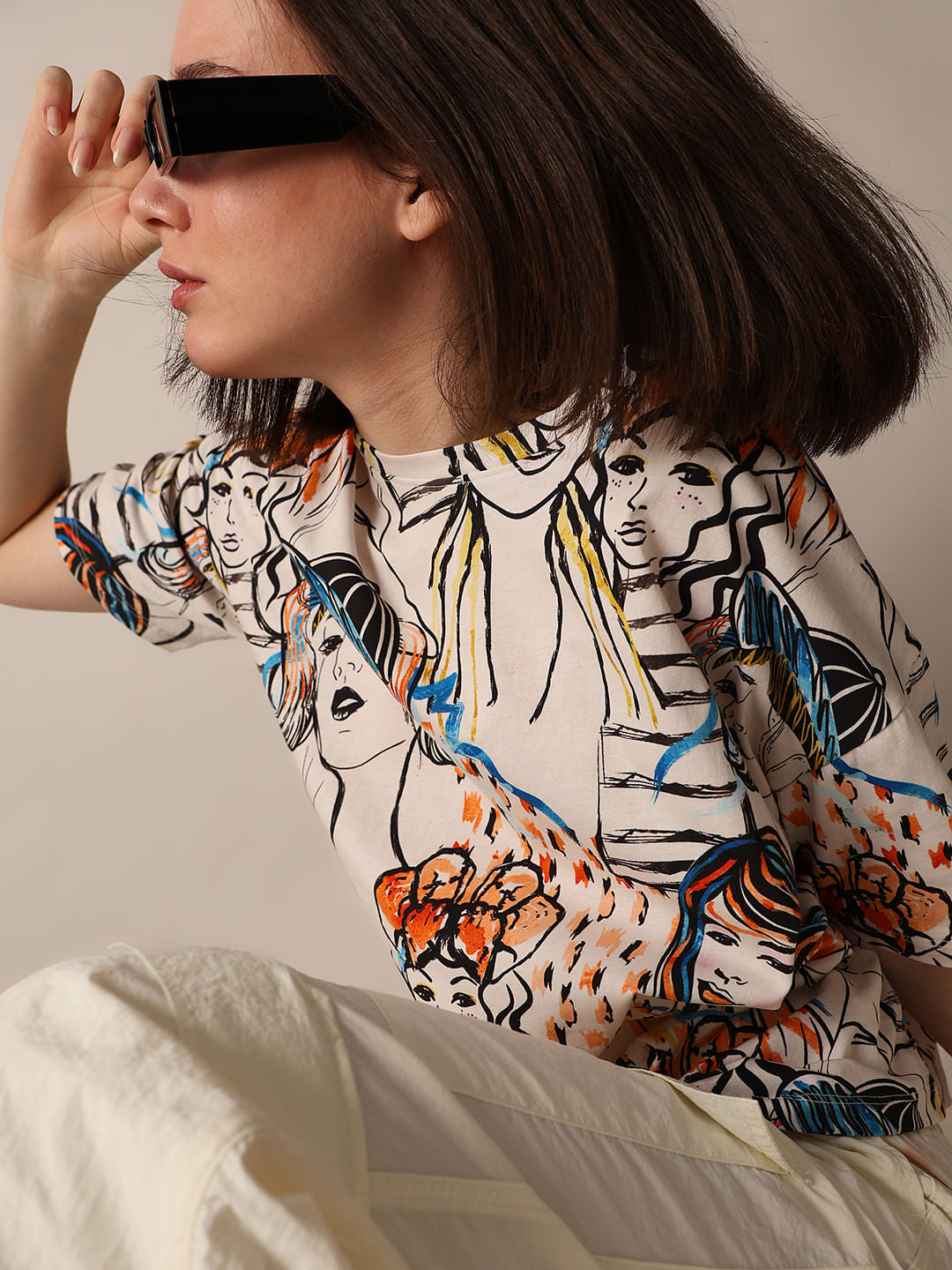 Beige Printed Relaxed Fit T-Shirt