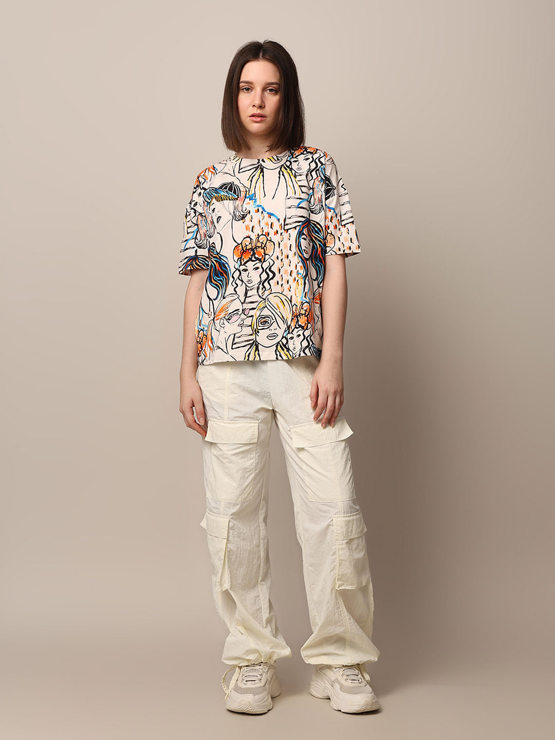 Beige Printed Relaxed Fit T-Shirt