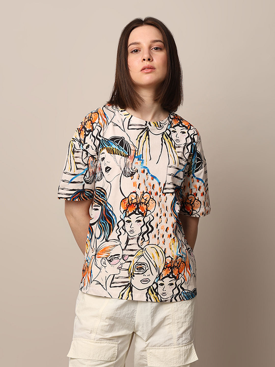 Beige Printed Relaxed Fit T-Shirt